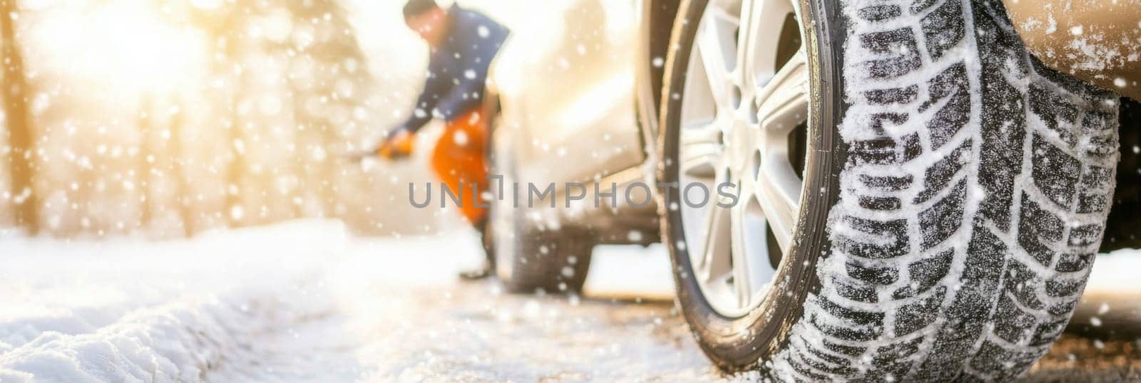 Worker in warm clothing changing a car tire on snowy winter day, concept of winter maintenance, roadside assistance, AI Generated