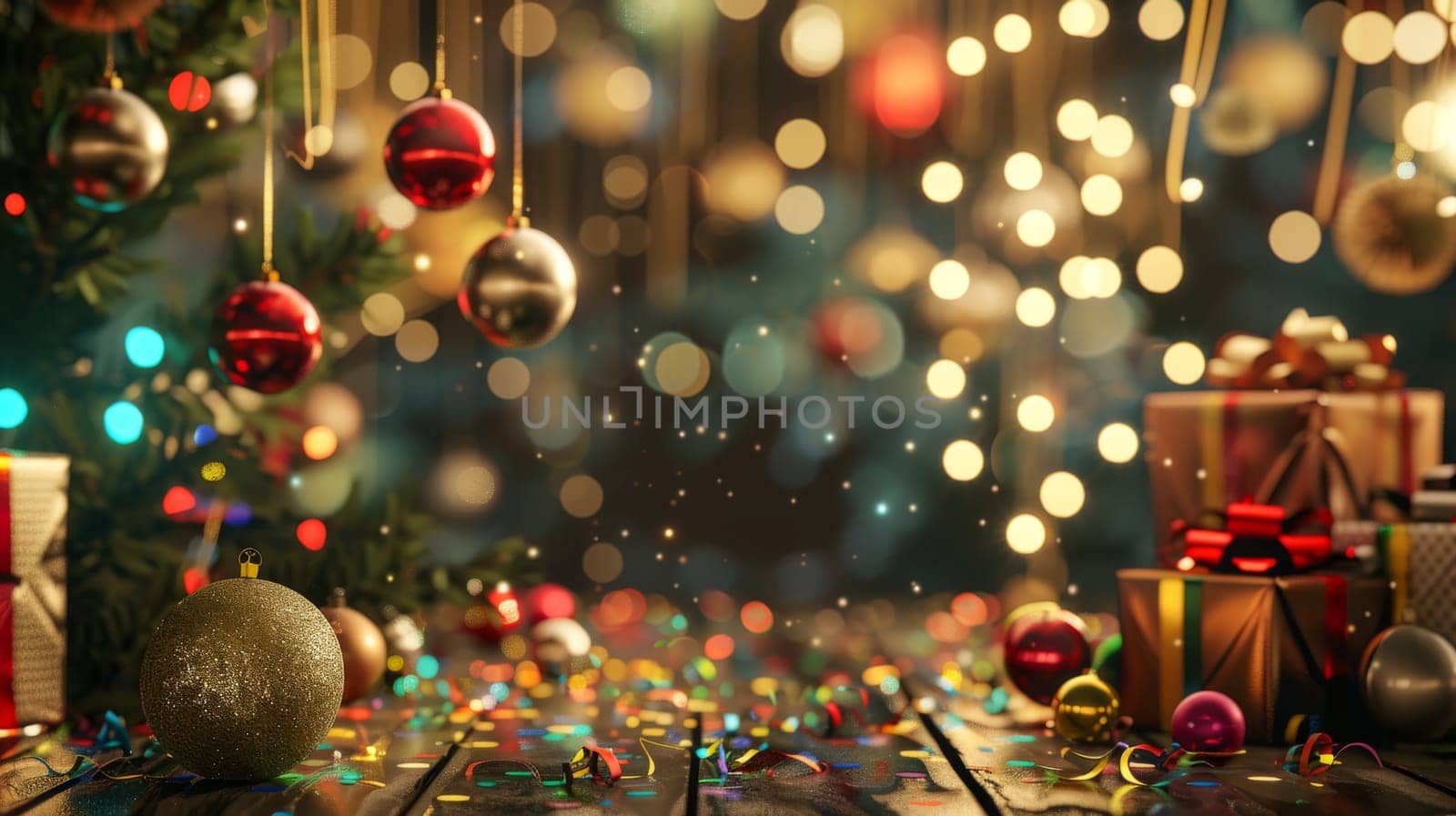 A Christmas tree with many ornaments and a few gifts. Scene is festive and joyful
