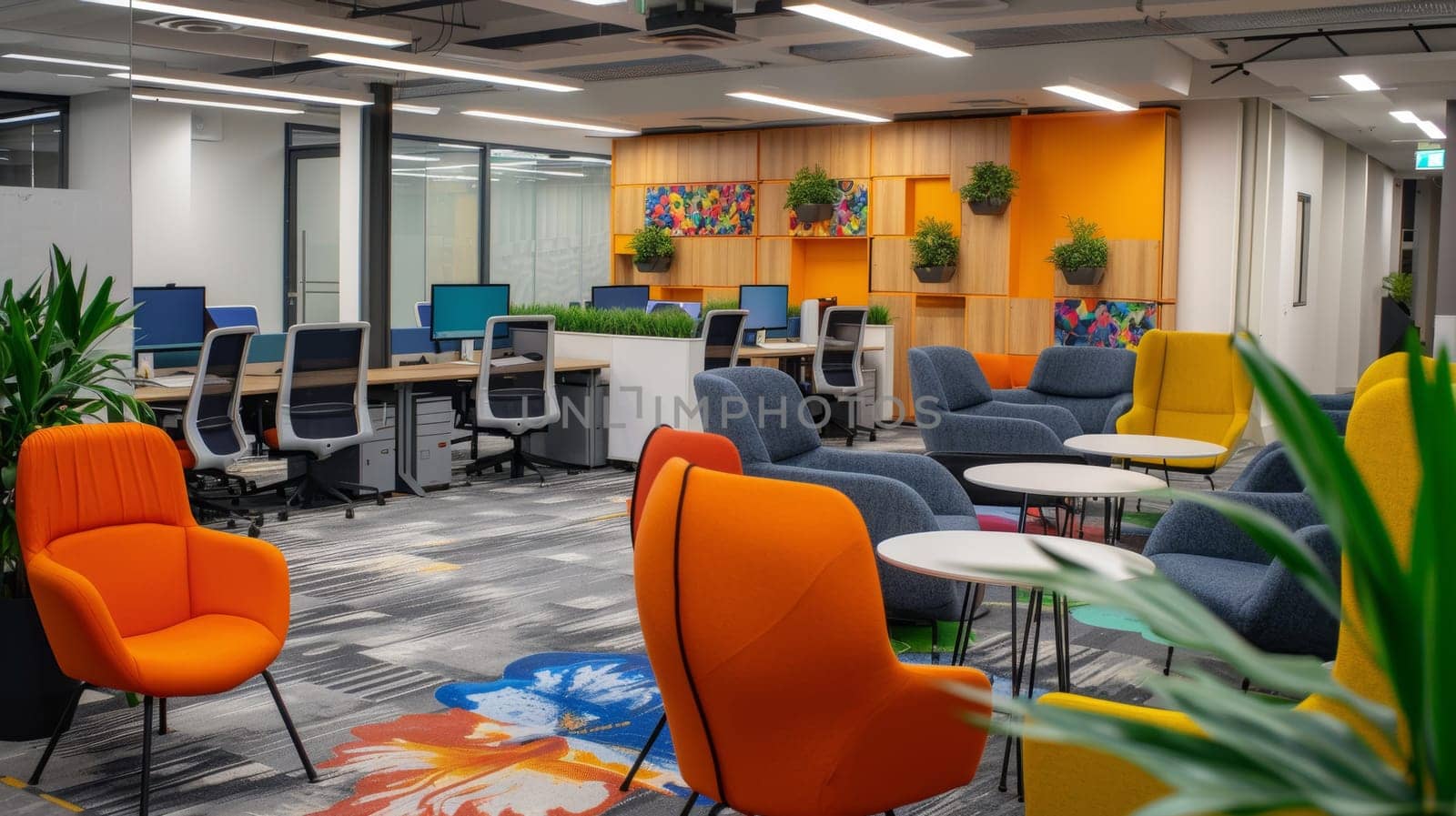 A bright orange room with a lot of chairs and tables. There are also potted plants in the room