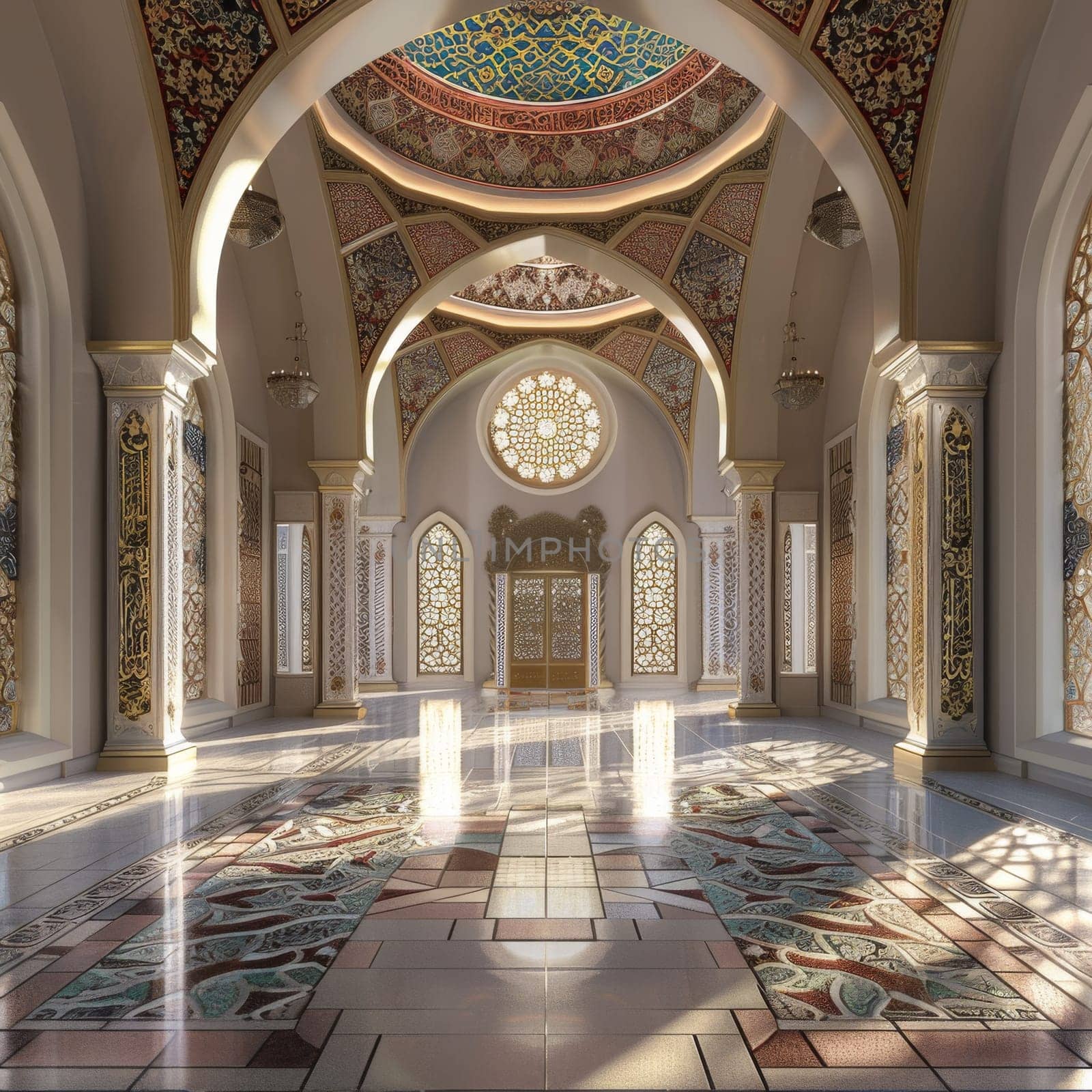 High-quality 3D rendering of Islamic art patterns adorning a mosque interior, creating a sense of spiritual awe.