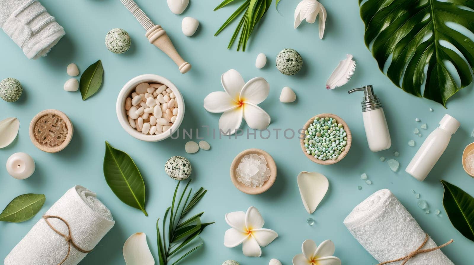 Intricately designed layout pattern of spa and relaxation items for visual impact