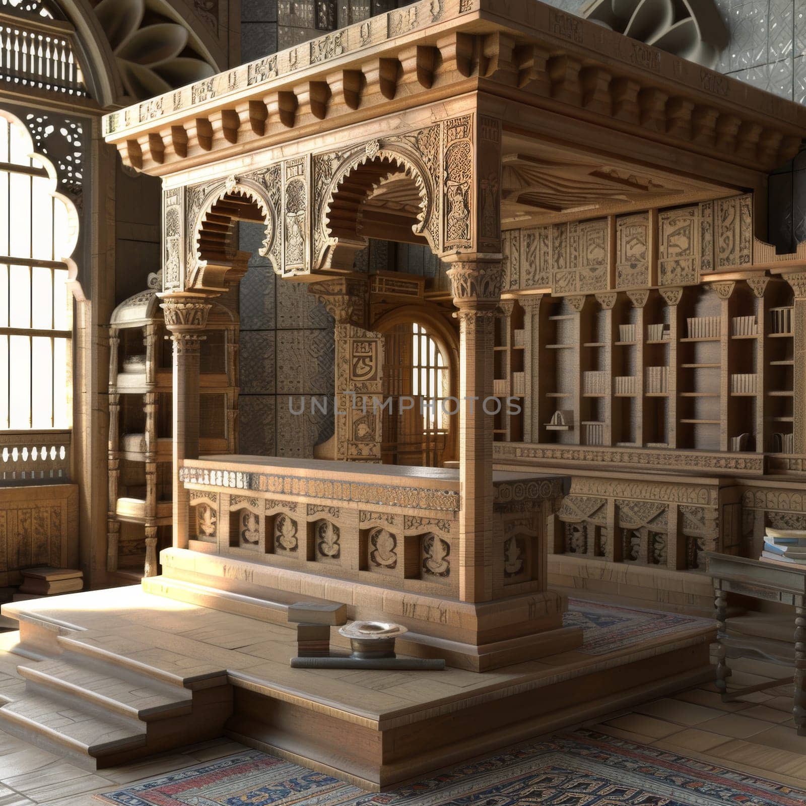 High-quality 3D model of an Islamic scriptorium, where scribes meticulously transcribe and illuminate manuscripts.