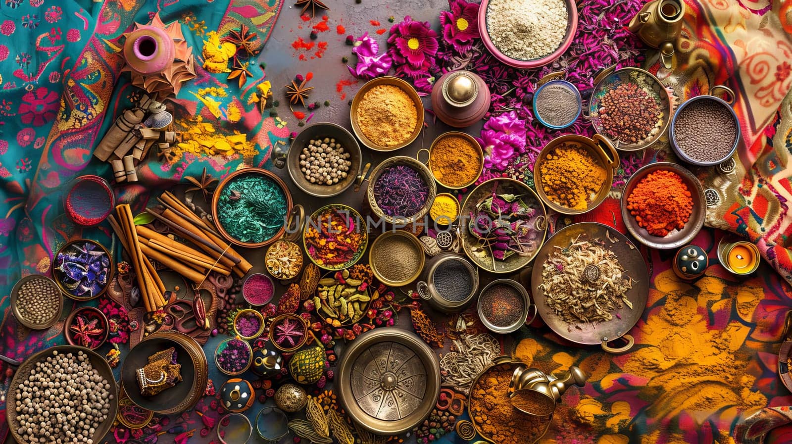 Indian spice market layout pattern of travel essentials including a spice market, incense, and henna tattoo against a backdrop of vibrant colors and exotic scents.