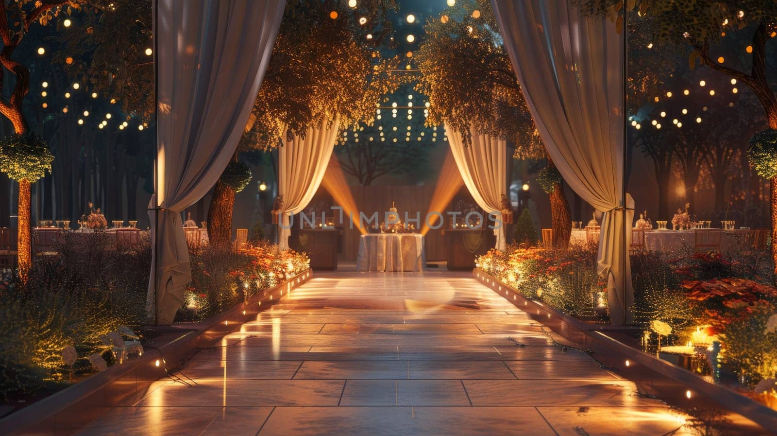 A long hallway with a large archway and a large cake in the middle. The cake is lit up and surrounded by tables and chairs