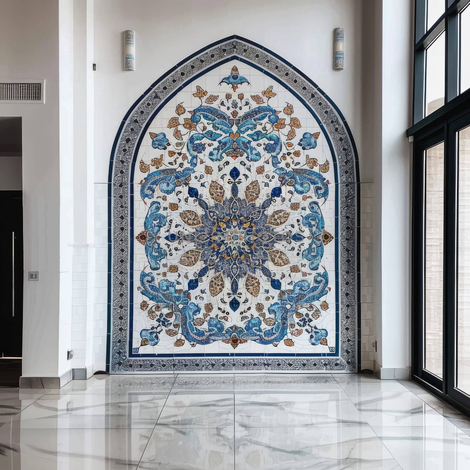 Islamic patterned tiles arranged in a symmetrical design against a white wall, creating a stunning visual effect.