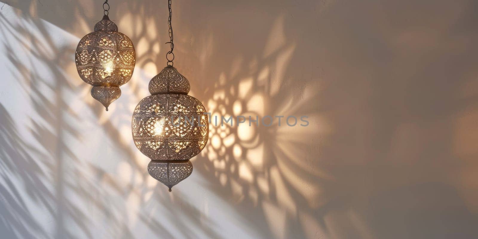 Islamic lanterns casting intricate shadows against a white wall, creating a mesmerizing ambiance.
