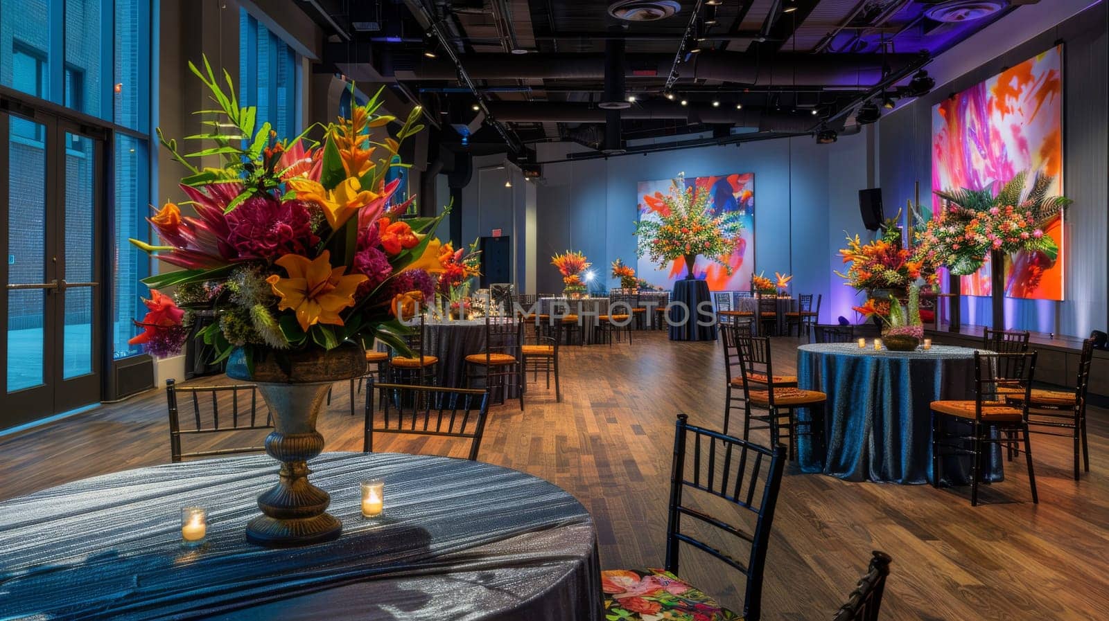 Lively gathering setting showcasing ample copy space for event information