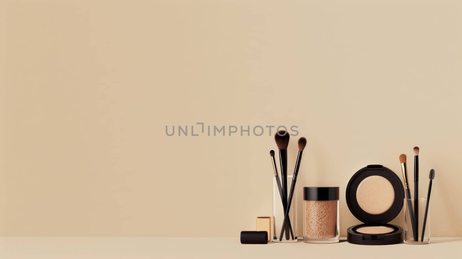 Makeup essentials arranged neatly with space for promotional text.