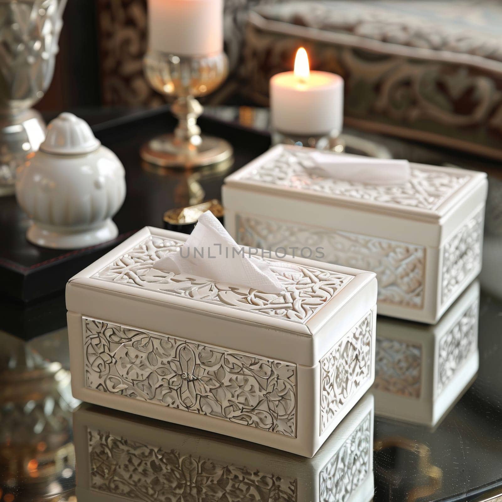 Islamic-inspired tissue box covers with embossed designs, adding sophistication to tabletops.
