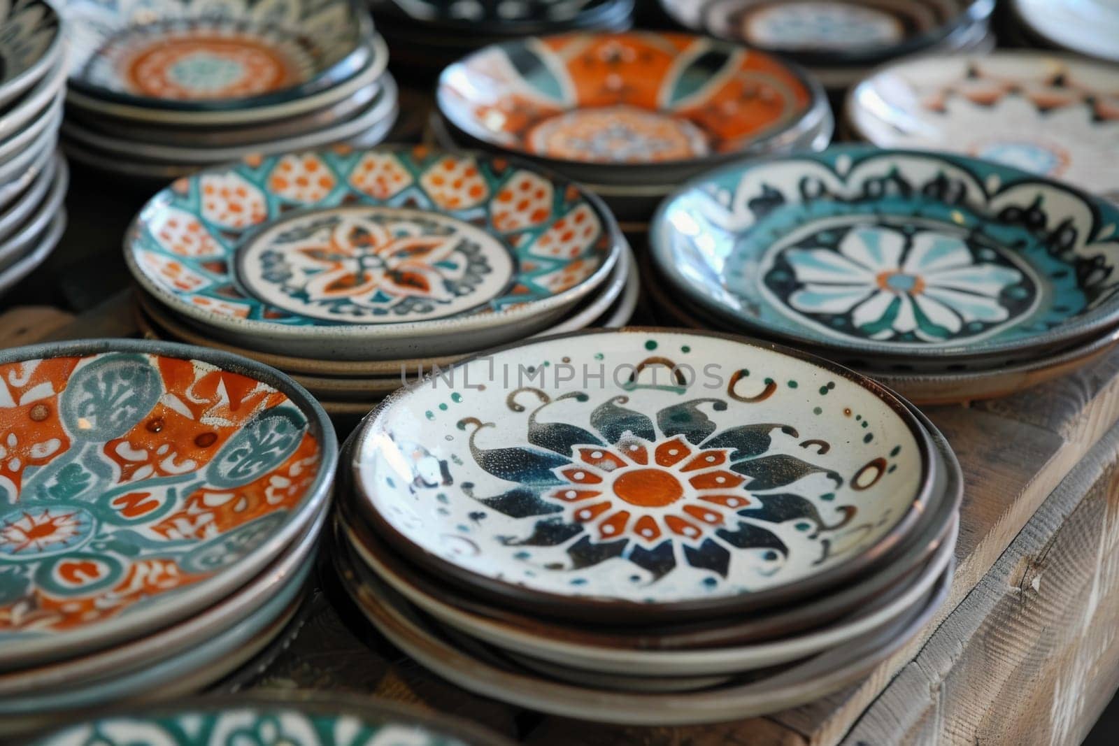 Hand-painted Islamic ceramic plates with traditional motifs, serving as decorative accents or servingware.