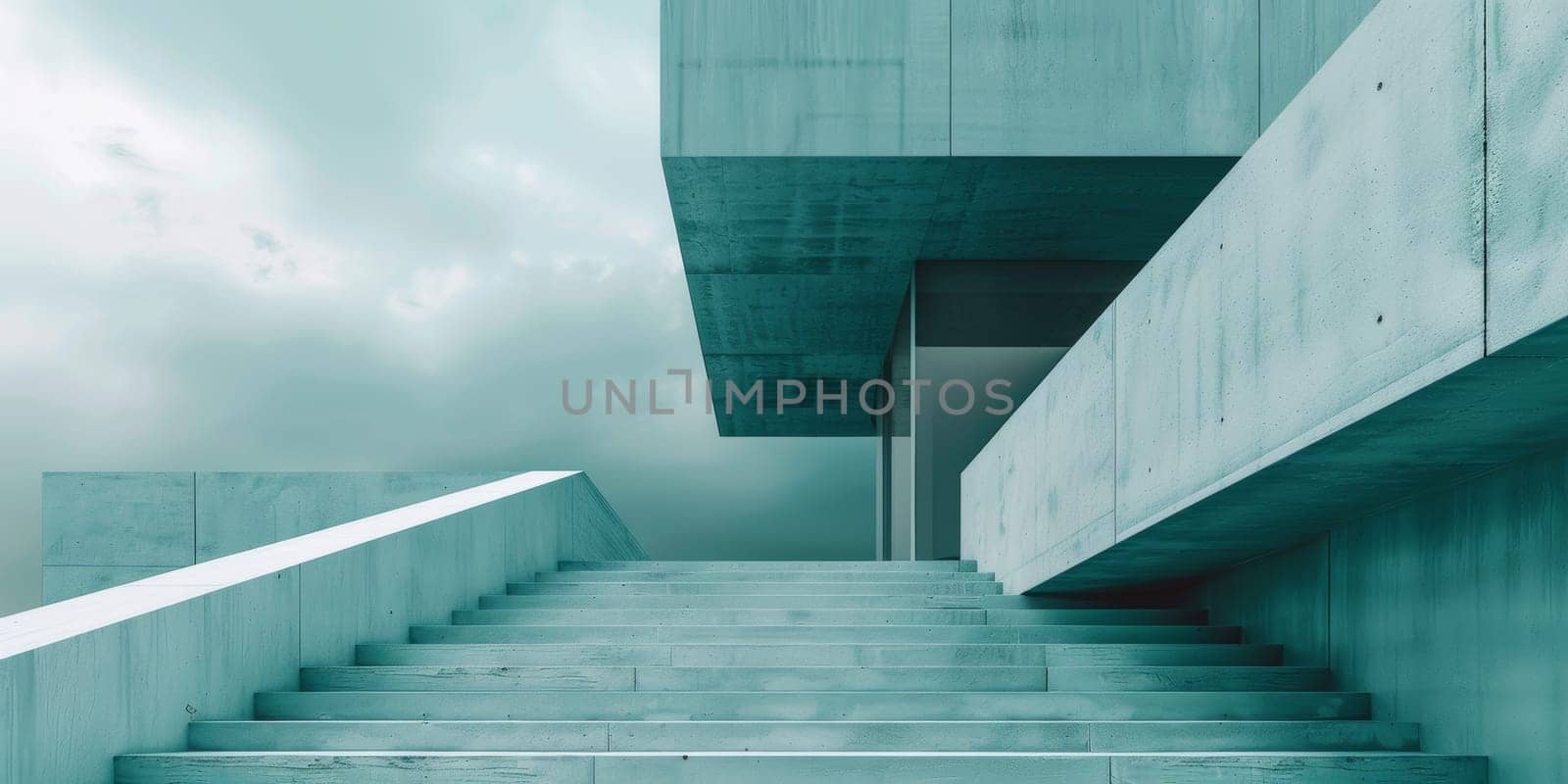 A grey building with a glass door and a staircase leading up to it. The building is surrounded by a cloudy sky