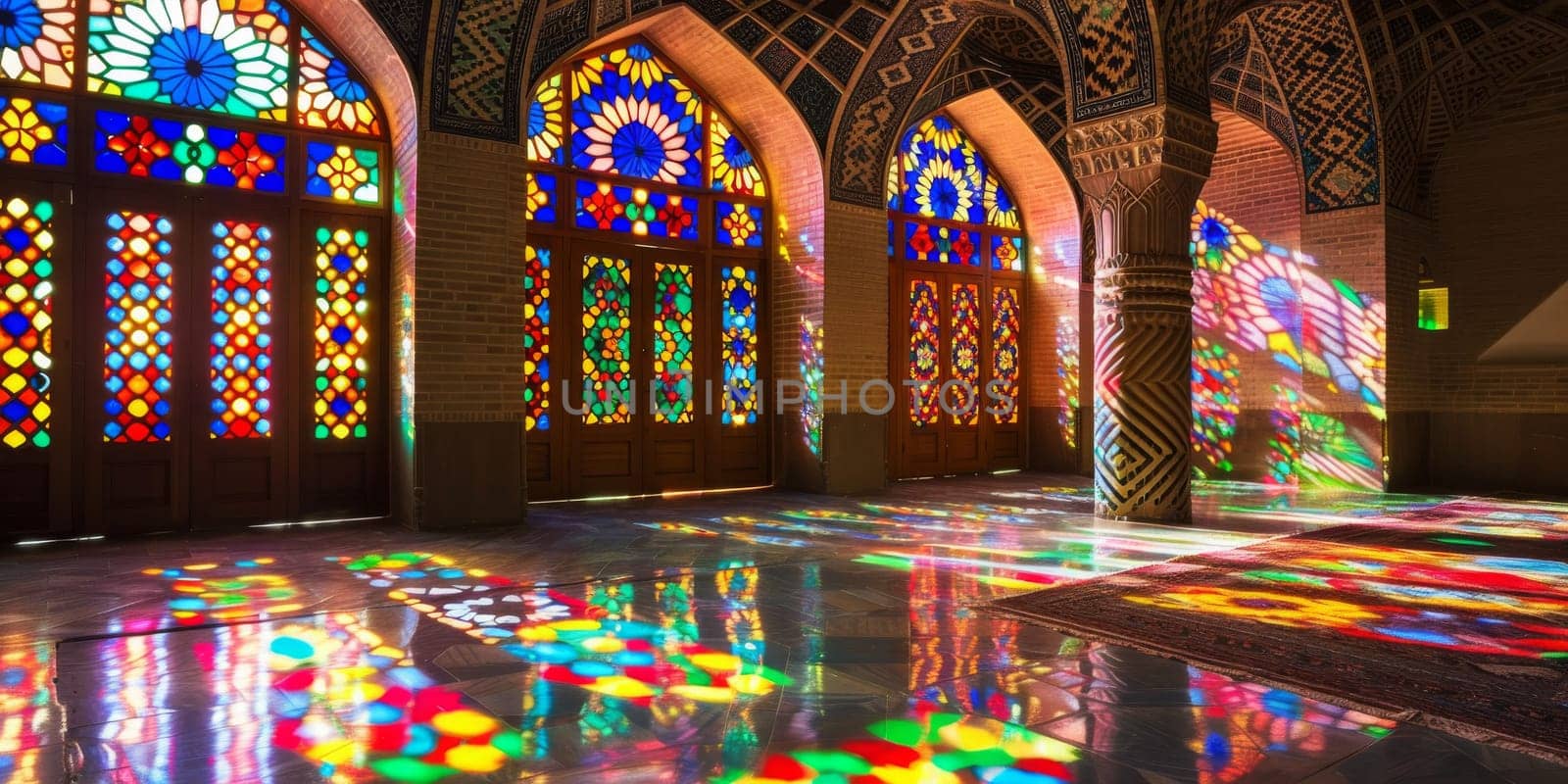 Islamic-inspired stained glass windows casting colorful reflections, adding charm to interiors.