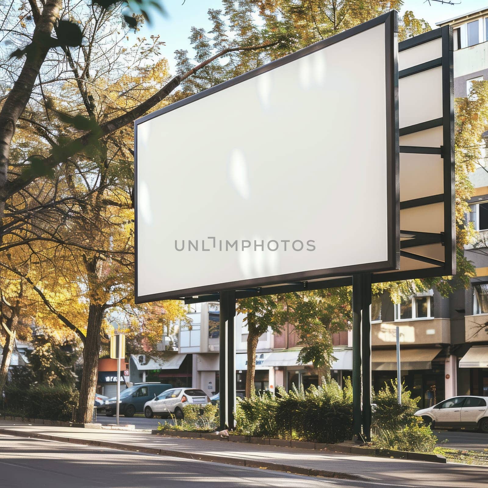 A large billboard with a white background and a black border. The billboard is empty and has no text. Concept of emptiness and lack of content