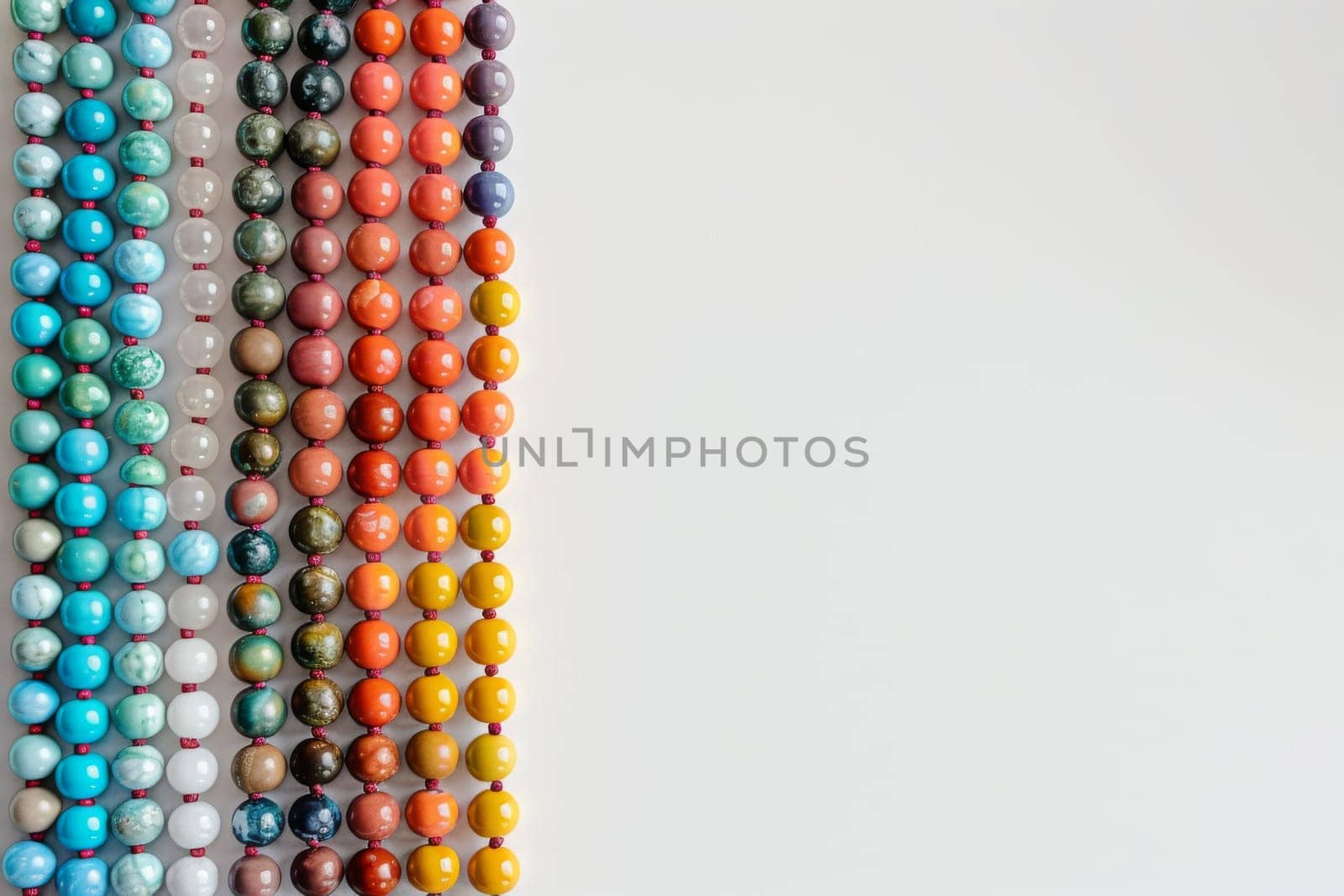 Minimalist composition of Islamic prayer beads arranged neatly against a white surface.