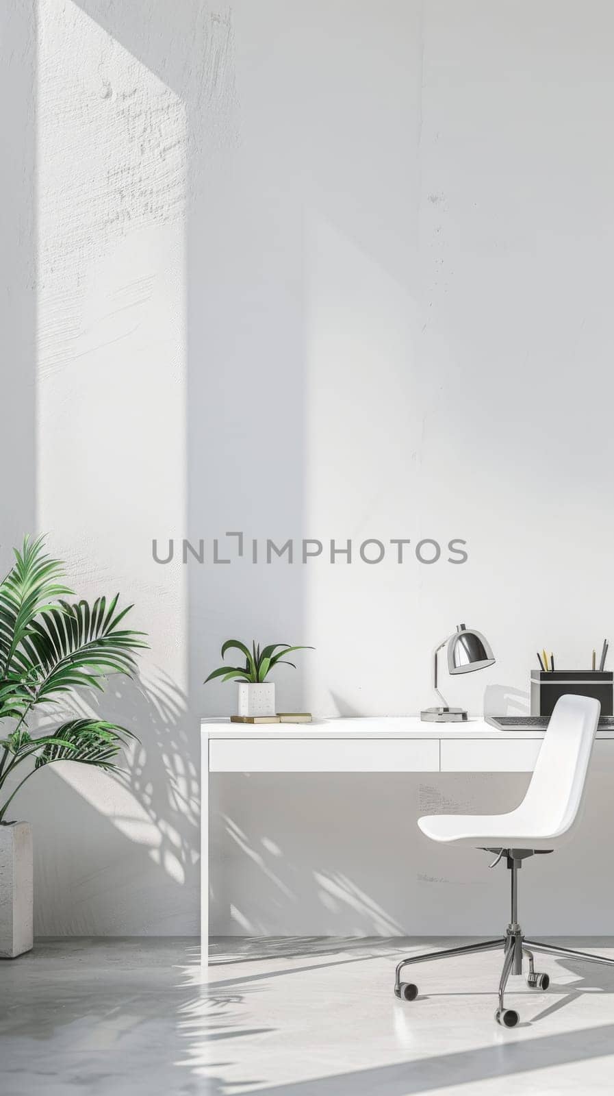 Minimalist business background featuring a white desk and sparse decor.
