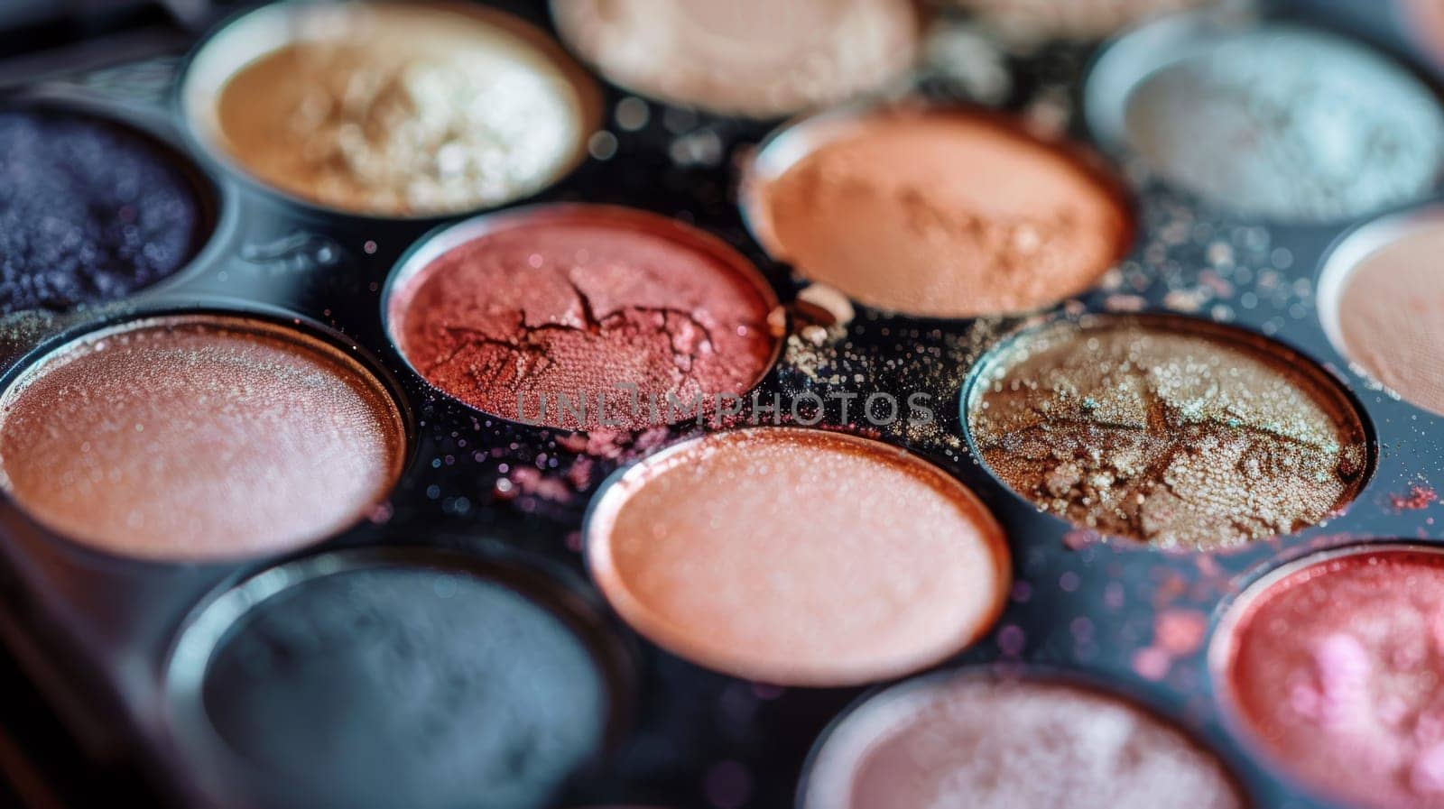 Makeup palette with a mix of eyeshadows, blushes, and bronzers.