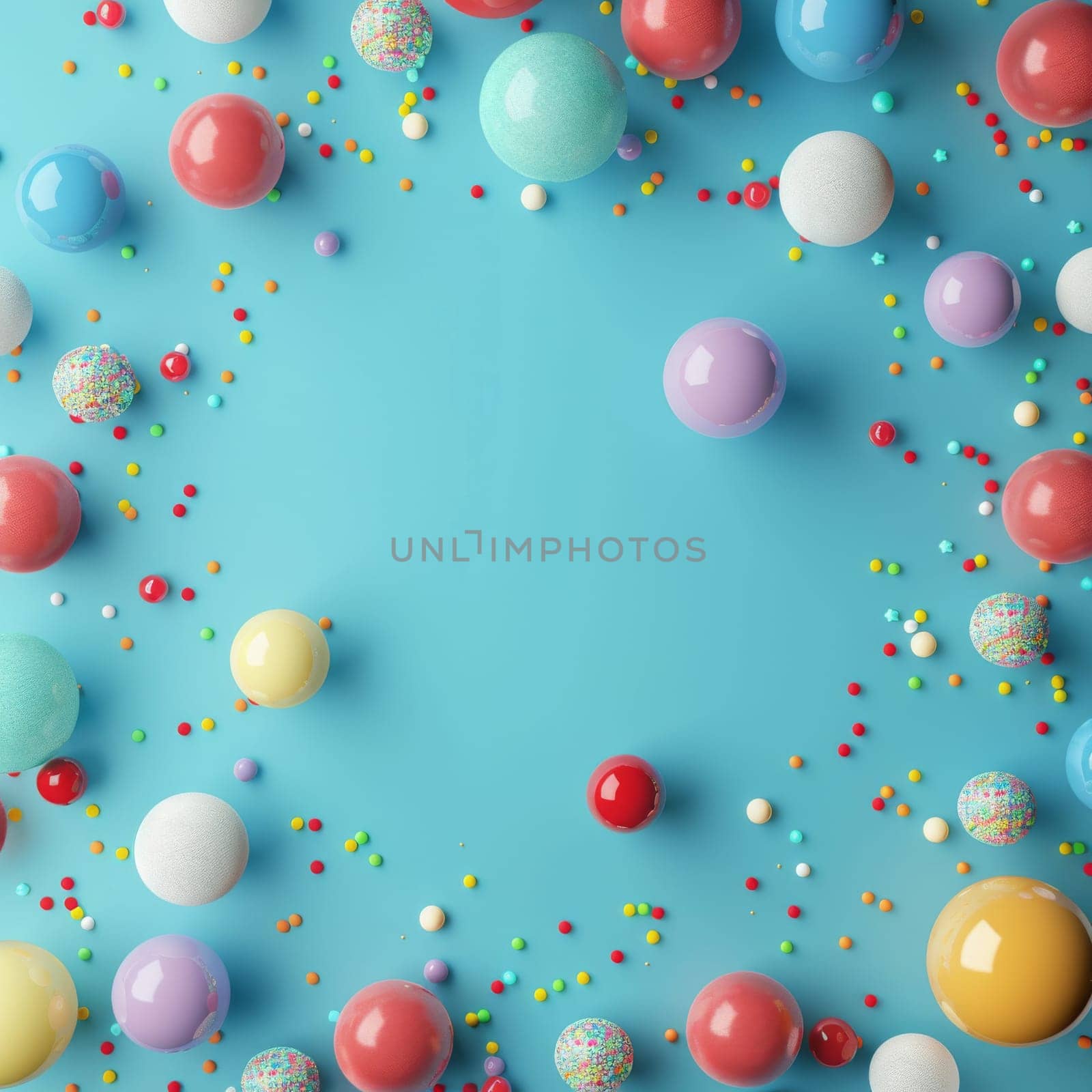 A blue background with a bunch of colorful balls scattered around it. The balls are of different sizes and colors, creating a fun and playful atmosphere