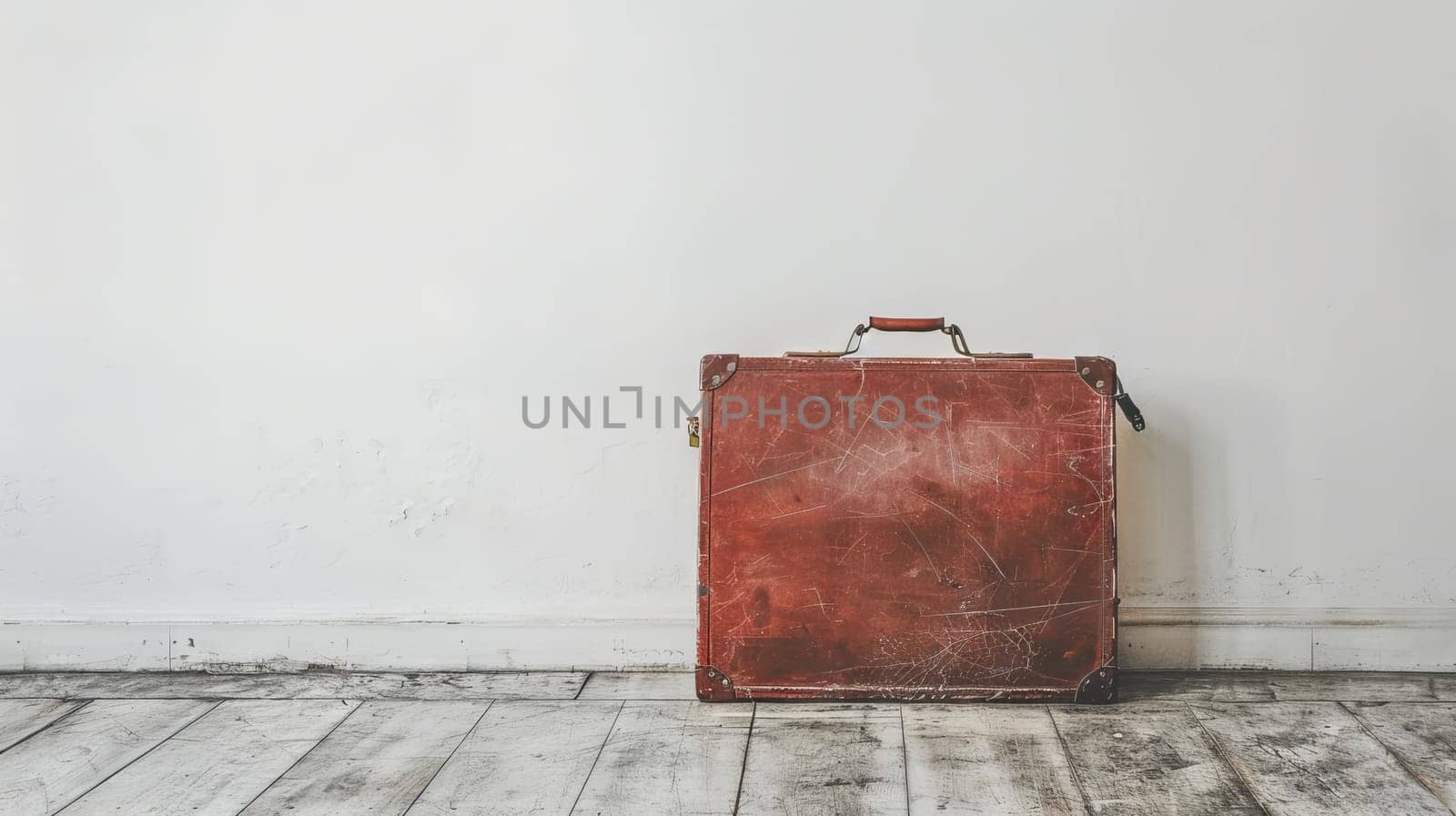 Minimalism in travel a lone suitcase packed and ready for adventure against a white wall.