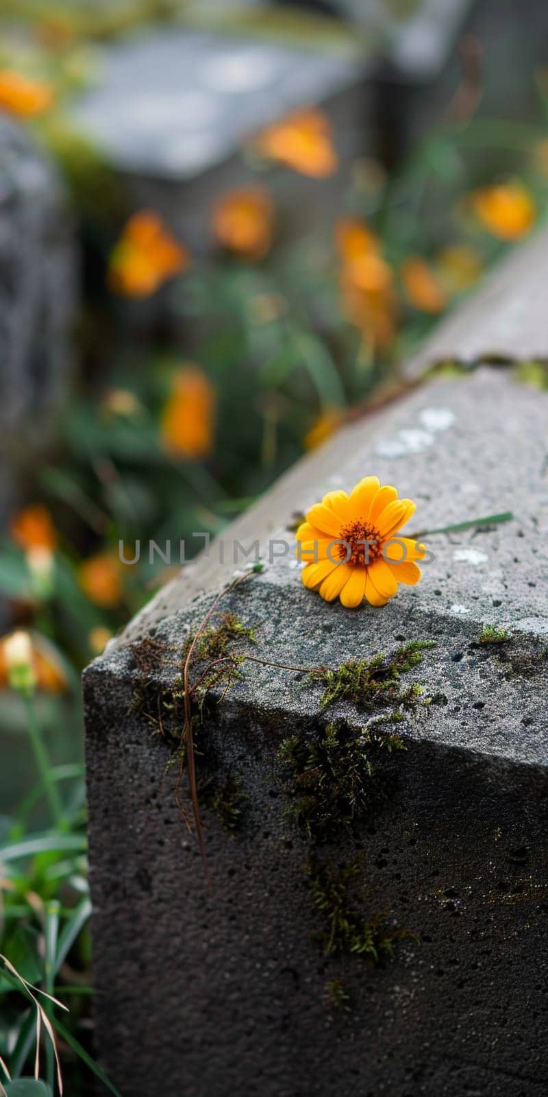 Minimalist image of a single flower laid on a grave.