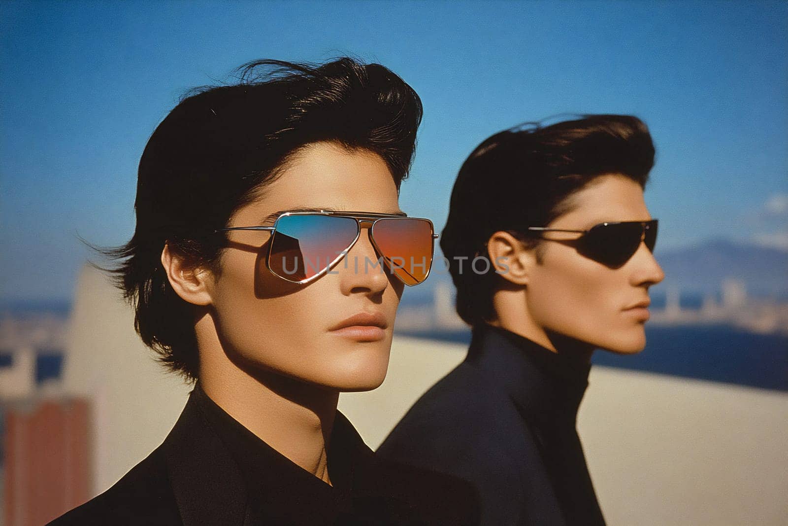 Two individuals pose confidently in trendy sunglasses against a clear blue sky, highlighting urban landscapes in the background.