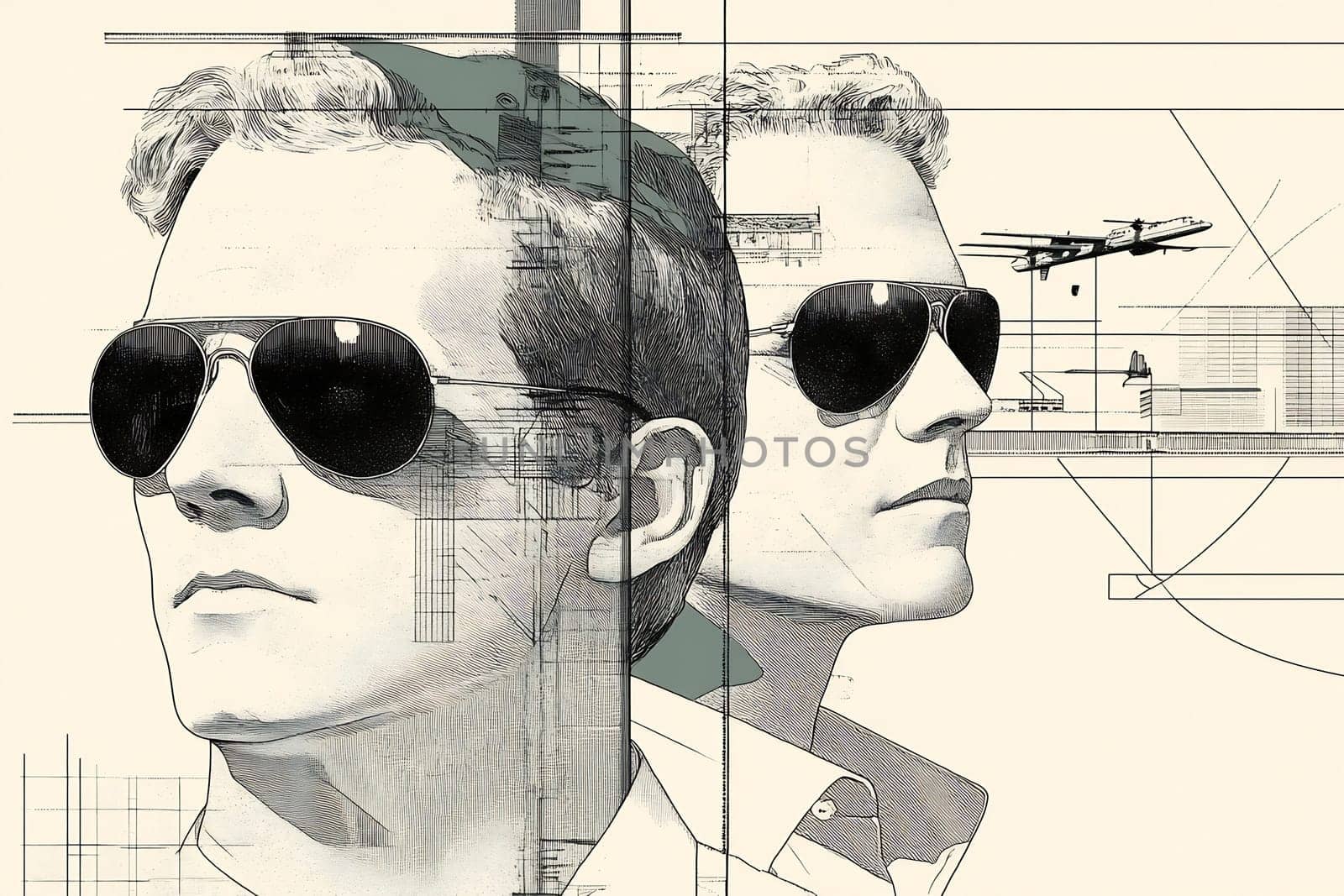 Two men wearing sunglasses pose with an abstract geometric backdrop, blending modern design with classic style elements.
