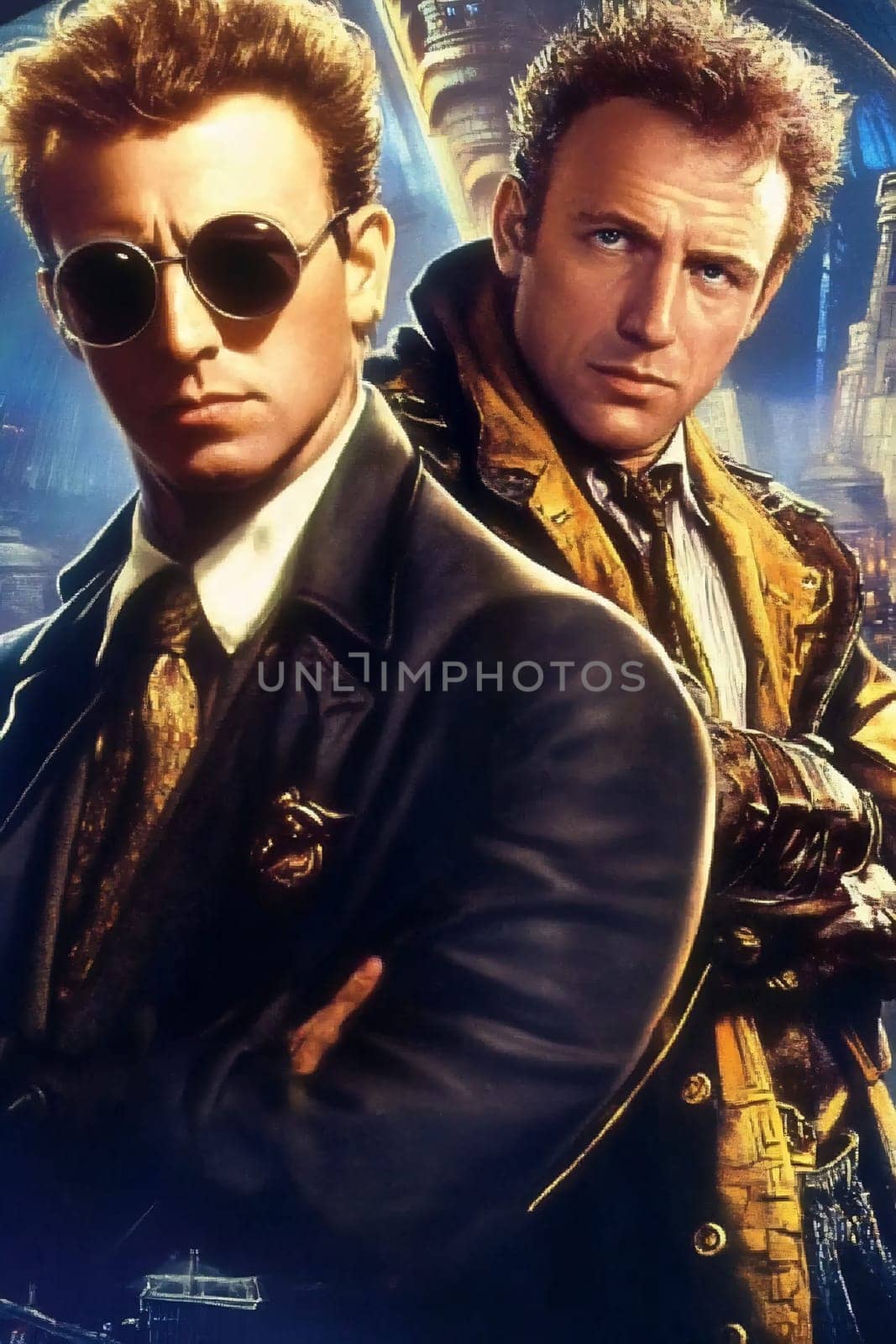 Two detectives stand confidently in a futuristic urban setting as twilight casts colorful lights. Their dynamic poses suggest a gripping story.