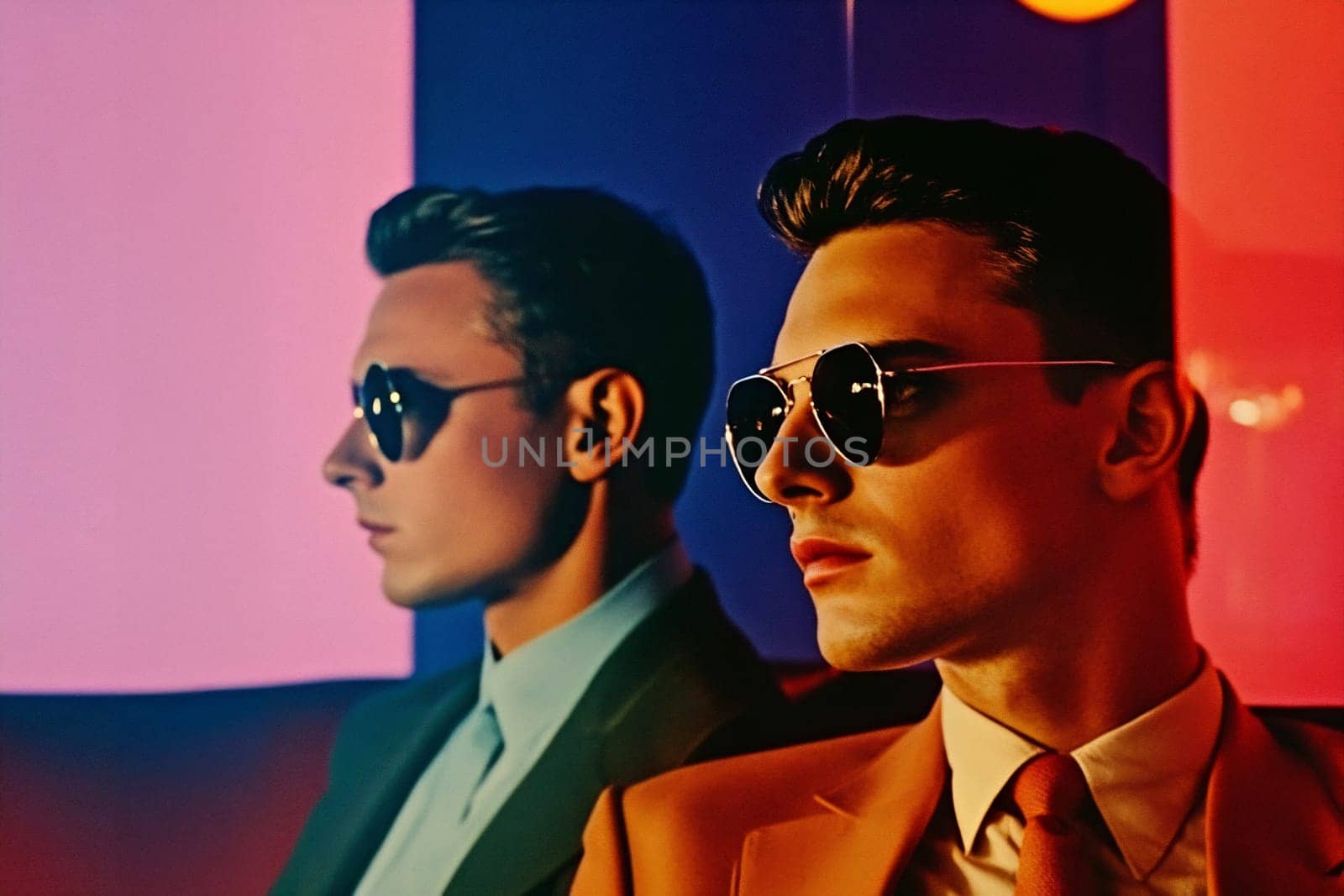 Two men wearing sunglasses sit side by side, exuding confidence and style in a vibrant, colorful setting.