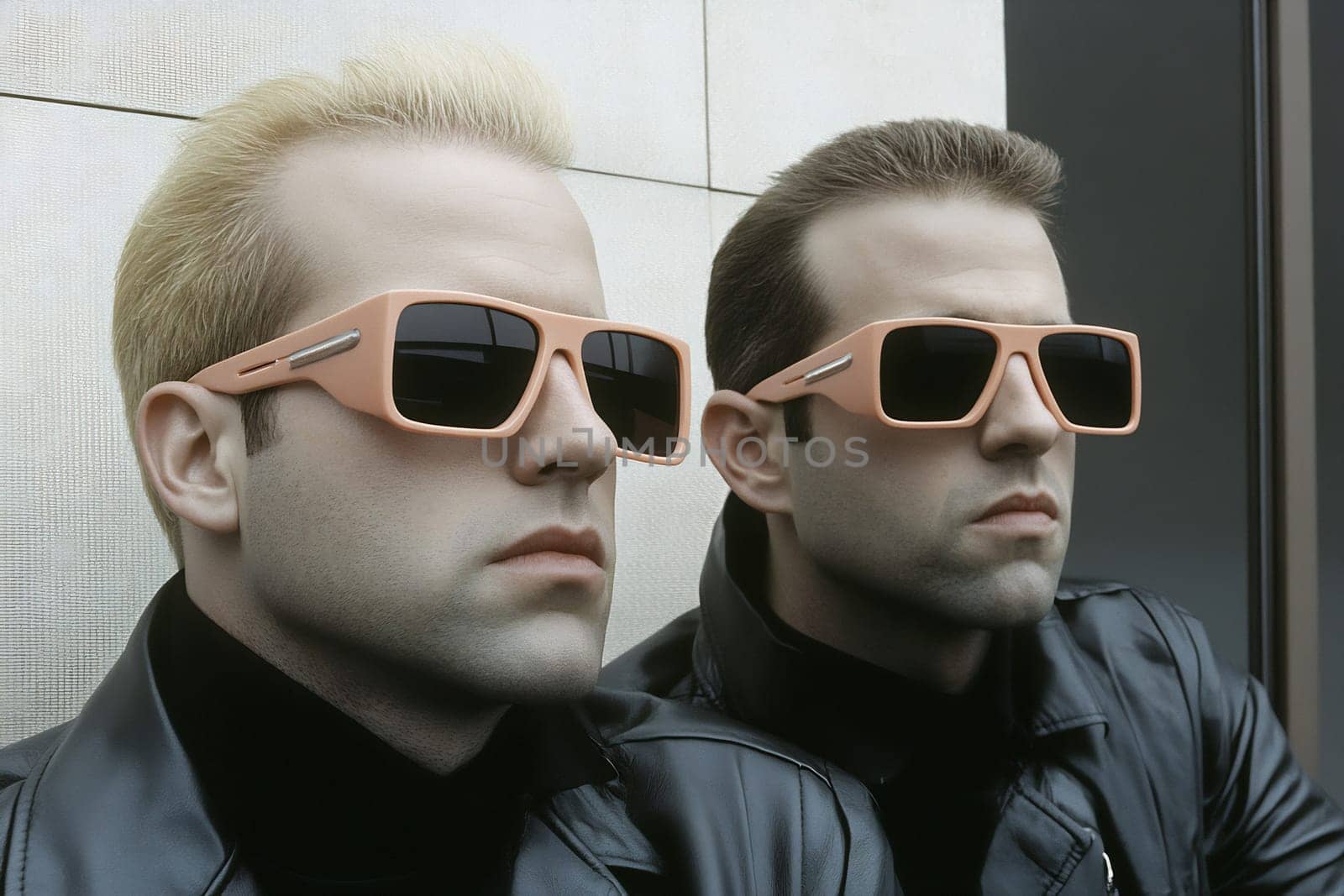 Two individuals wearing sunglasses and leather jackets sit confidently against a modern backdrop on a sunny day.