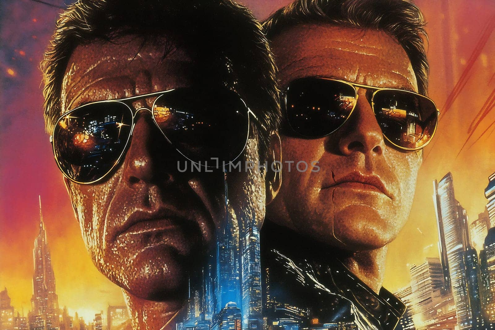 Two intense characters wearing sunglasses stand against a vibrant sunset backdrop adorned with futuristic city lights.
