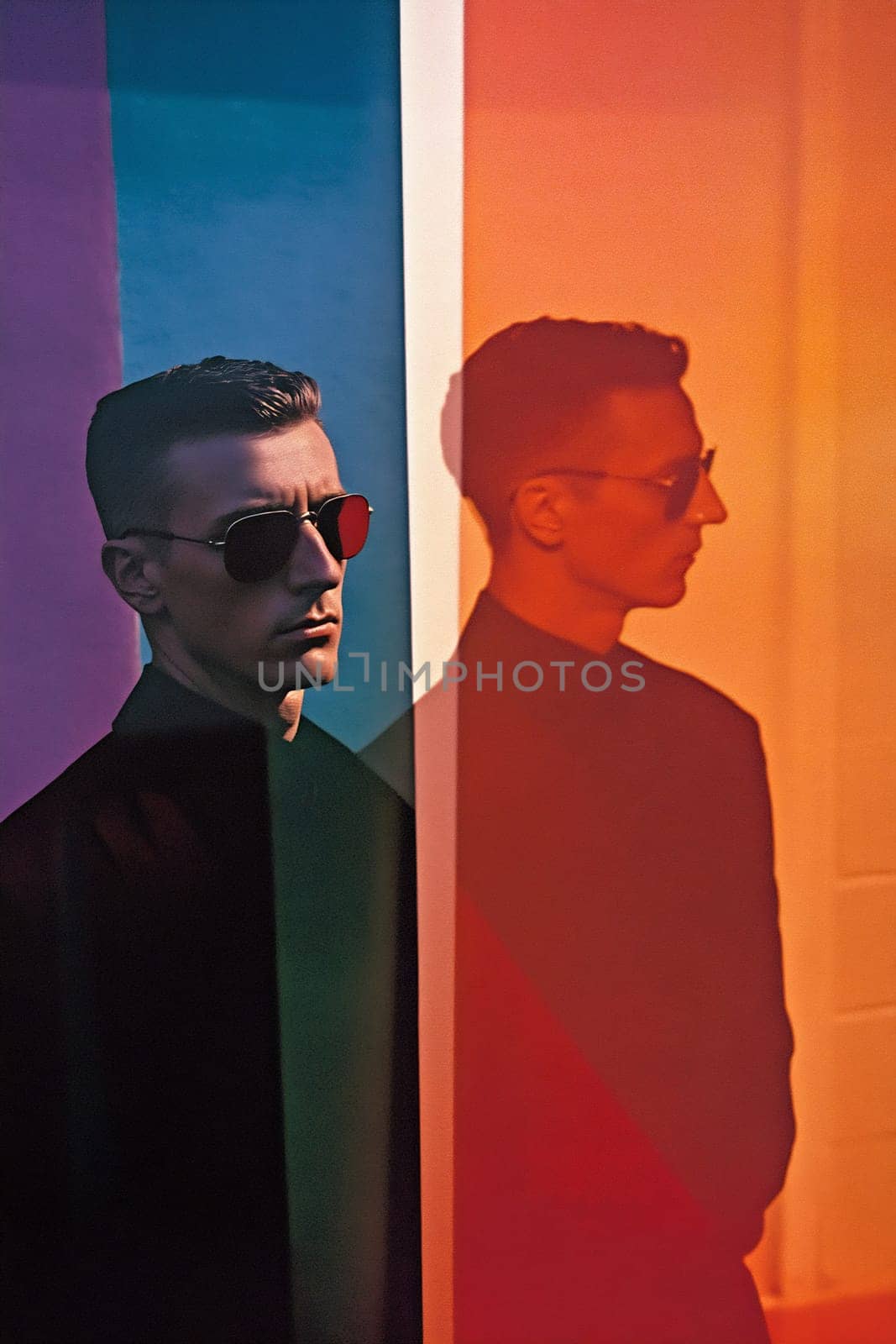 A man wearing sunglasses stands against a vibrant, multicolored backdrop, casting a striking shadow.