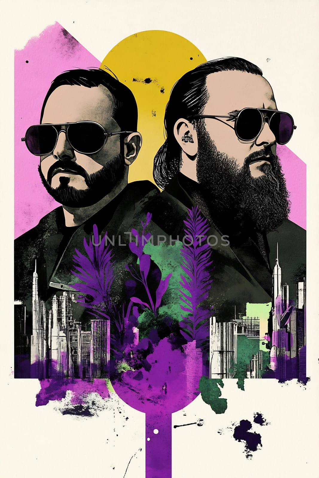 Two men wear sunglasses with a vibrant city backdrop, featuring colorful artwork that enhances their bold image.