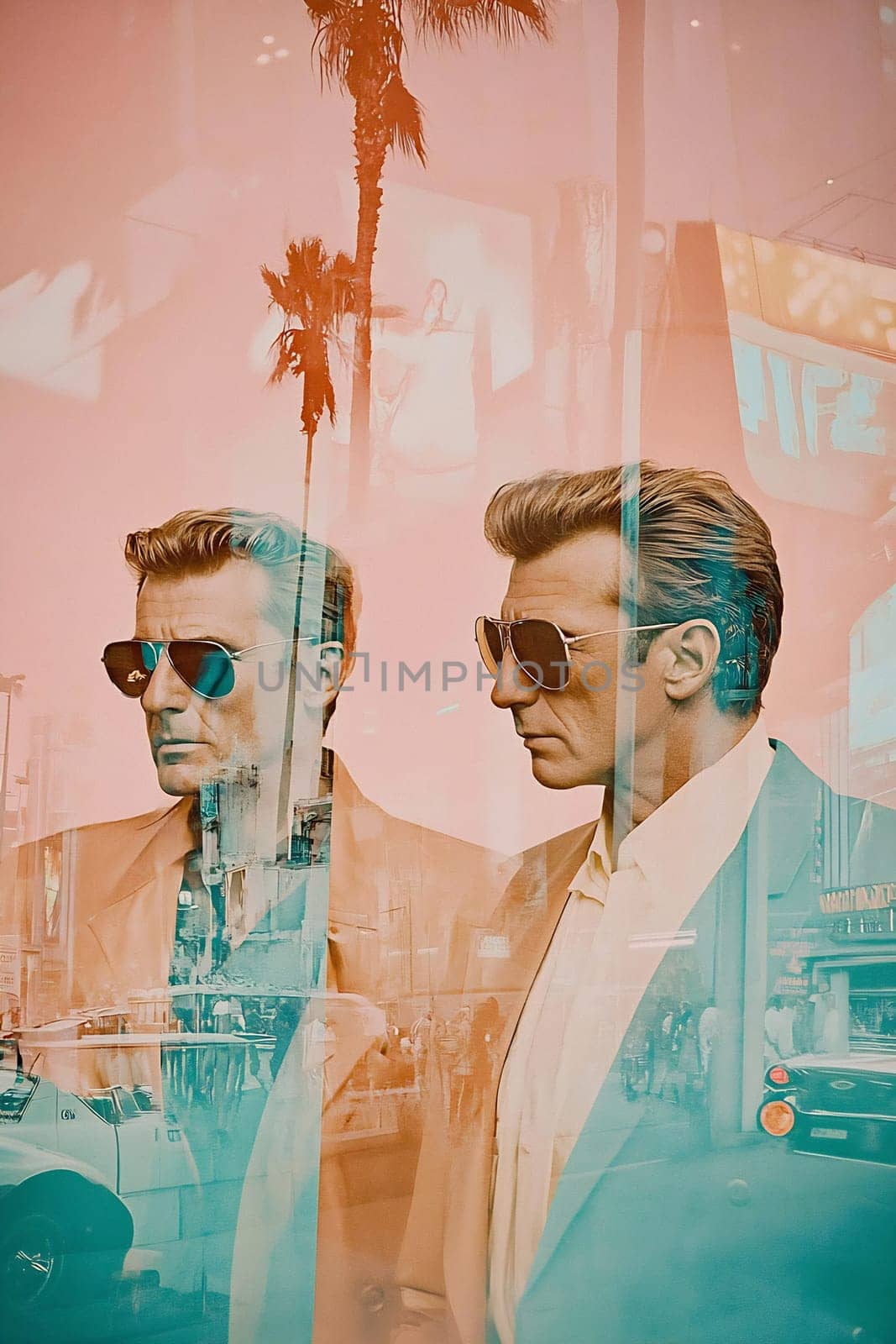 A stylish man stands confidently in sunglasses against a vibrant Los Angeles backdrop, reflecting urban life and culture.