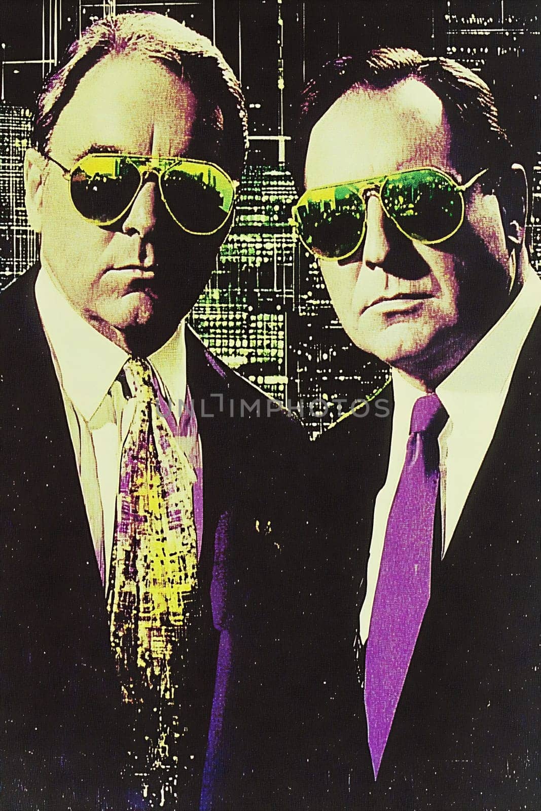 Two men wearing stylish sunglasses and suits stand confidently against a vibrant city skyline at night, exuding a sense of cool sophistication.