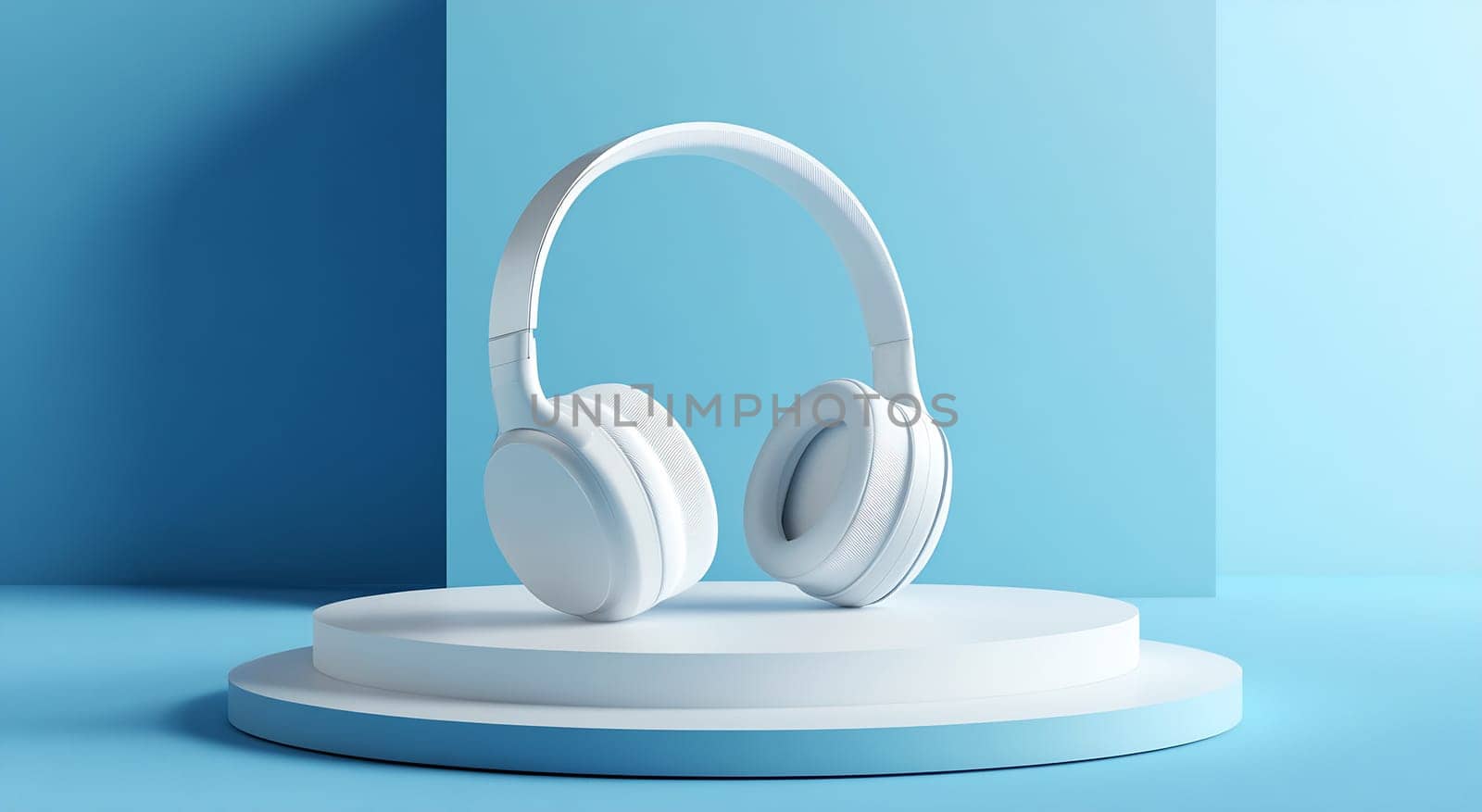 A pair of white headphones sits elegantly on a round pedestal against a blue background, creating a modern aesthetic.