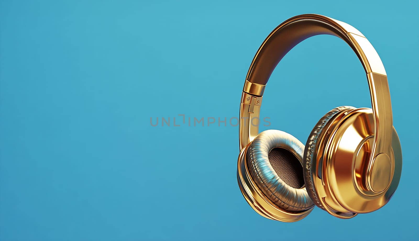 A pair of stylish golden headphones is displayed against a bright blue background, highlighting their modern design and luxury appeal.