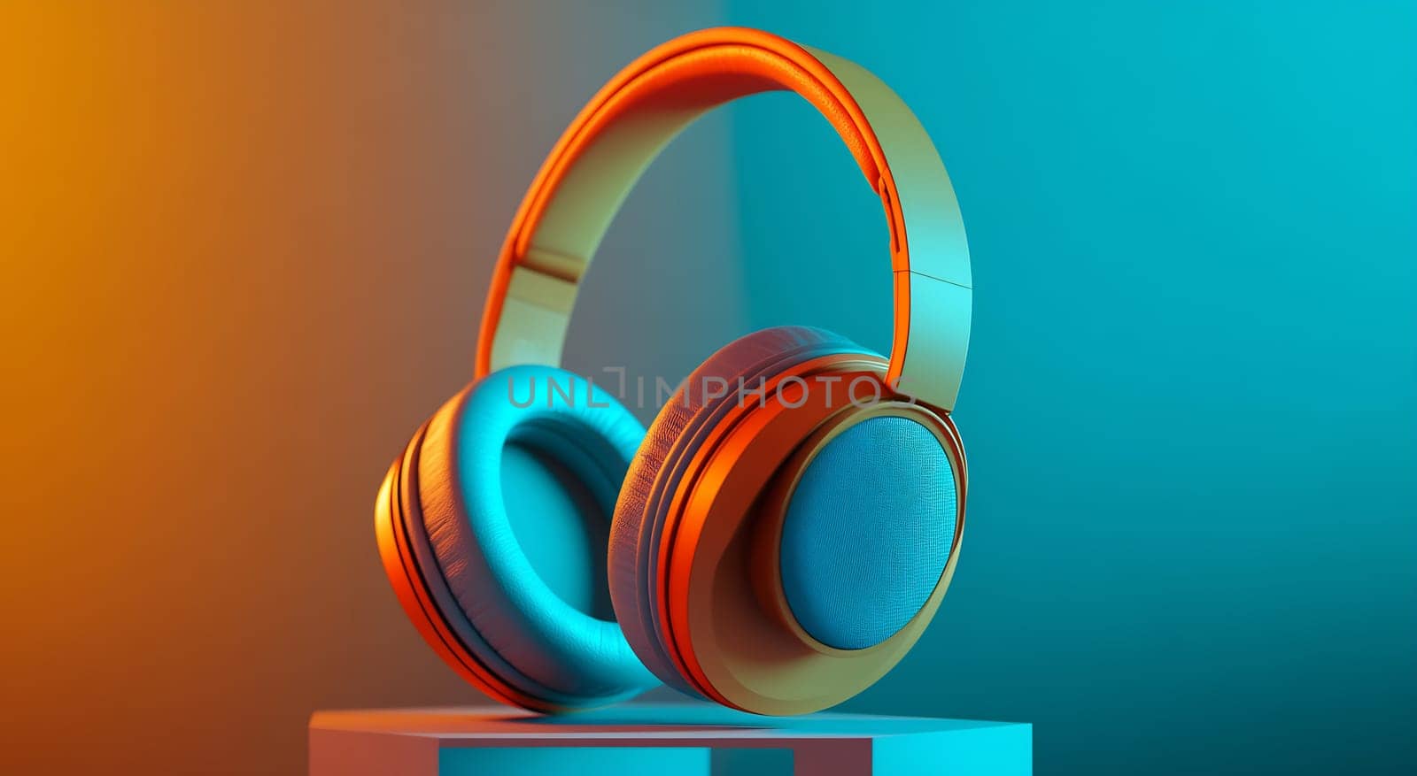 A pair of modern headphones rests on a pedestal, illuminated by bright orange and blue lights, creating a striking visual effect.