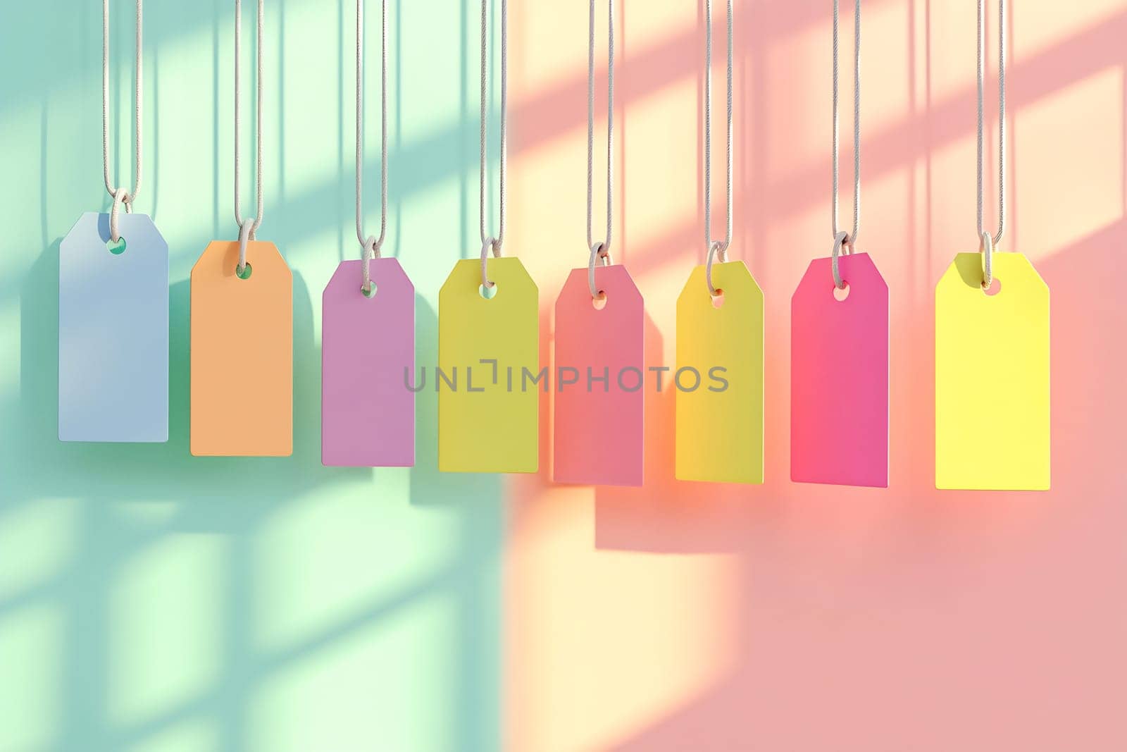 Brightly colored tags dangle from strings, casting shadows on a soft pastel background in a creative display.