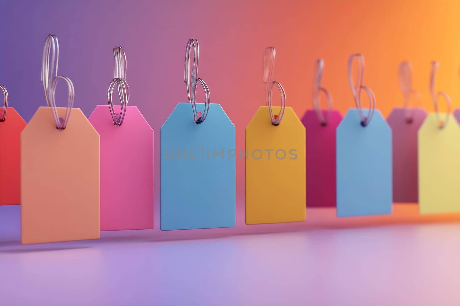Multiple colorful tags hang in a row, showcasing different hues against a vibrant, gradient backdrop, creating a cheerful atmosphere.