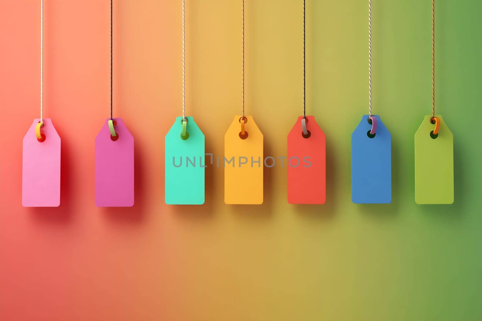 Eight colorful tags hang from strings against a gradient wall, showcasing various shades of pink, blue, green, yellow, and red.