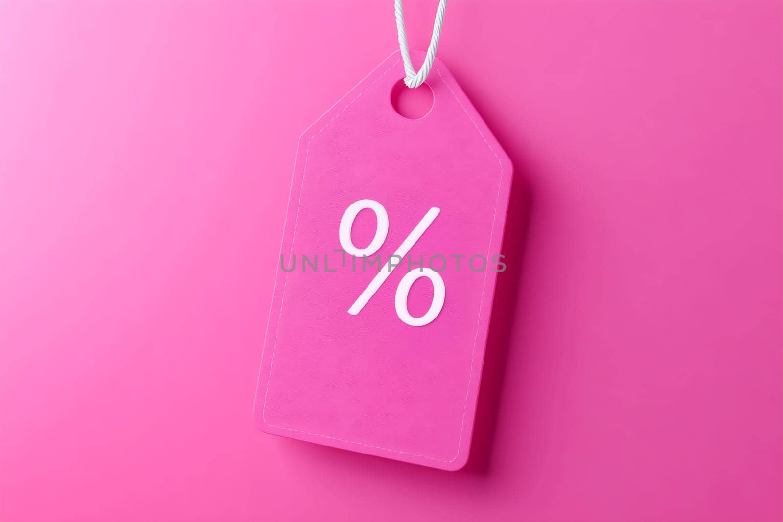 A vibrant pink tag displaying a percent symbol hangs against a matching background, indicating a discount or promotion.