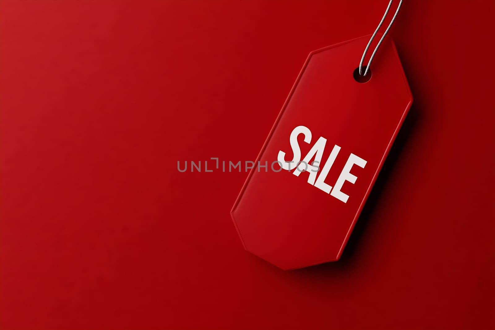 A red sale tag featuring bold white lettering hangs against a matching background, emphasizing discounts and promotions.