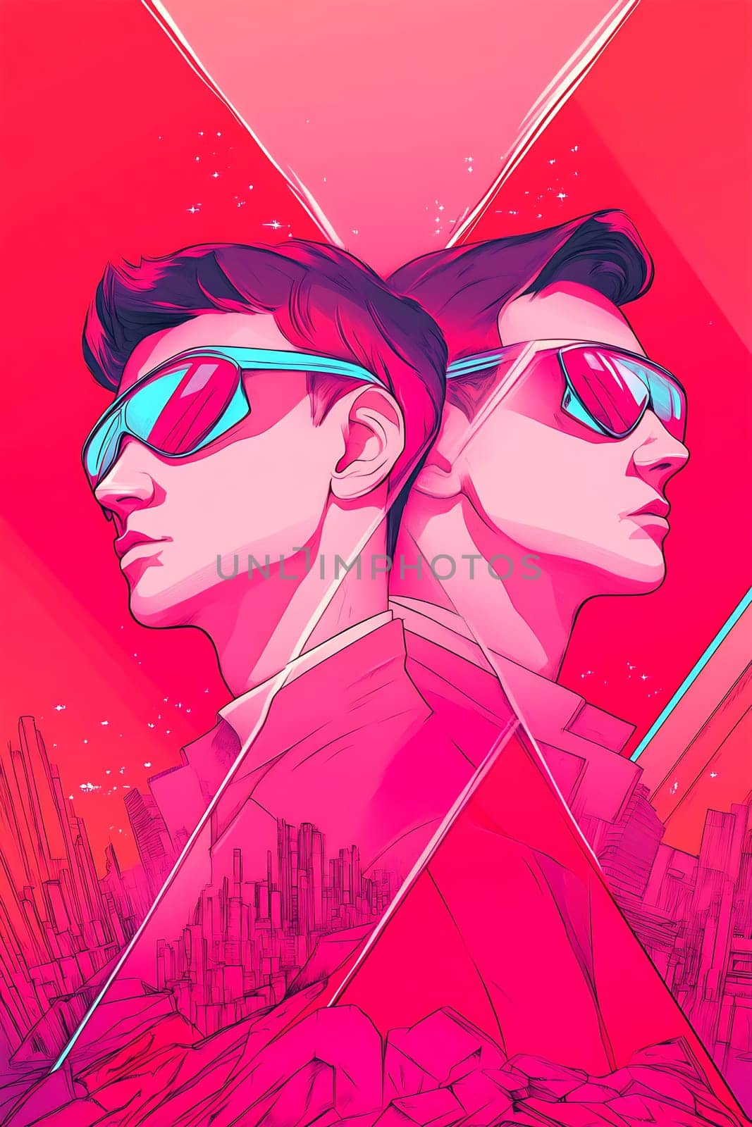 Two men with sunglasses face opposite directions in a vibrant, futuristic backdrop, showcasing bold colors and geometric shapes.