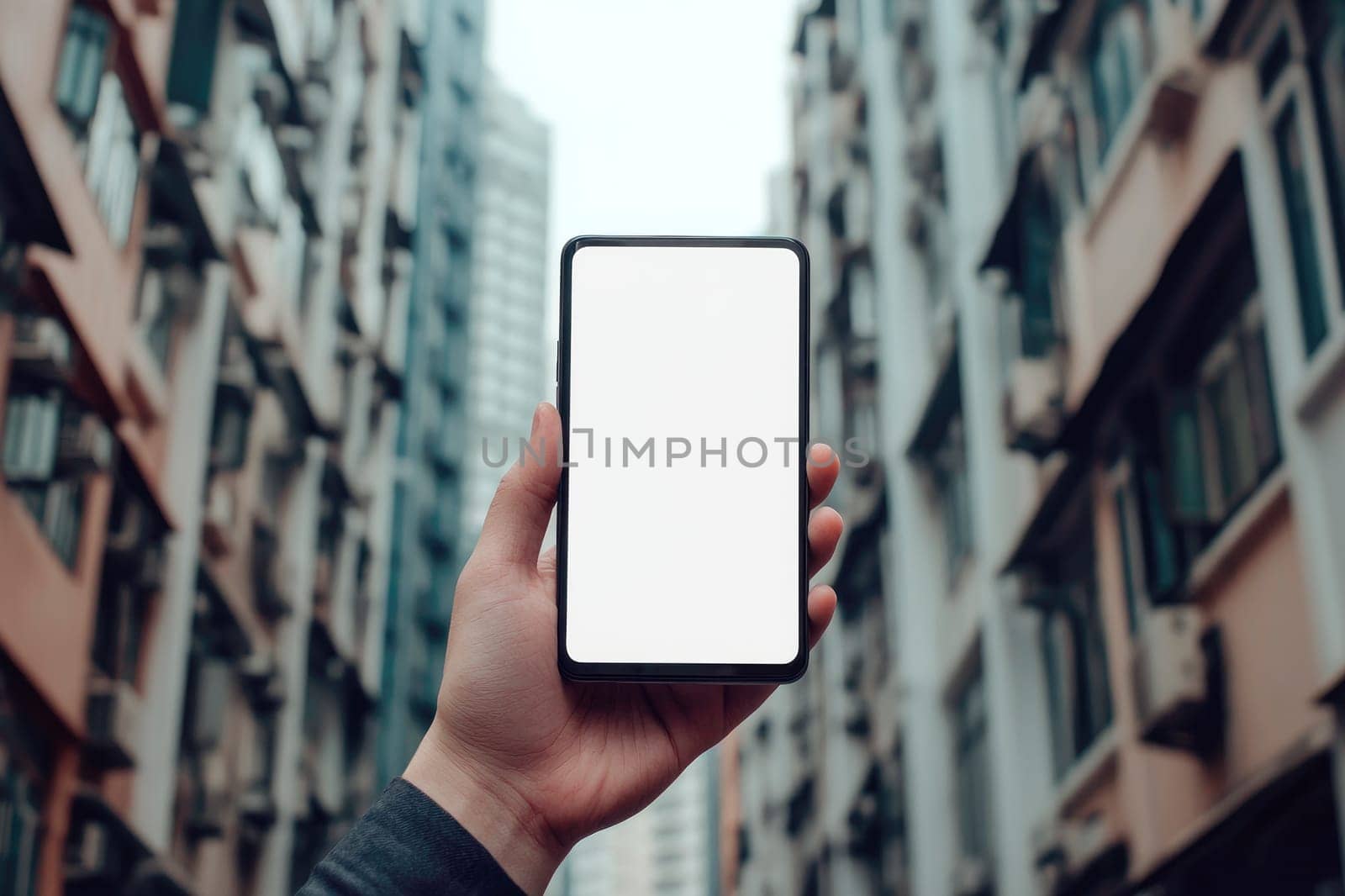 A person holding smartphone with white blank screen. Urban mobile application mockup template.AI generated