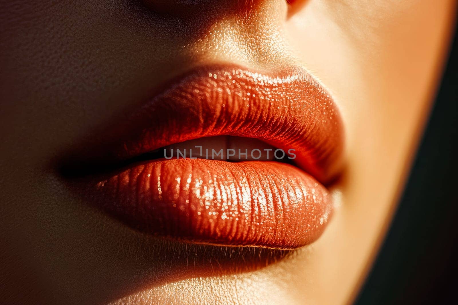 Close up view of beautiful young female lips. AI generated