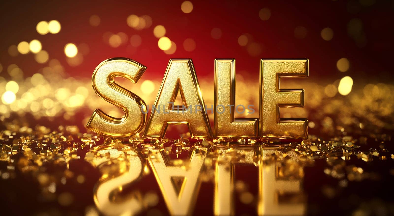 Golden letters spelling sale reflect on a shimmering surface, set against a vibrant red backdrop with sparkling effects.