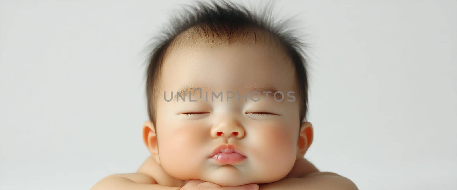 A baby with closed eyes is resting comfortably, showing soft features and a serene expression against a plain background.