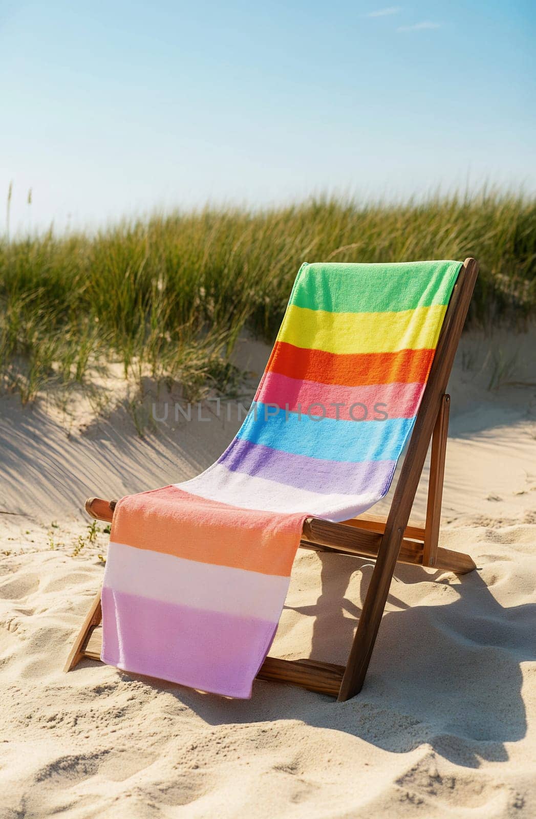 A vibrant beach chair with striped towel rests on warm sand, surrounded by tall grass on a sunny summer day.