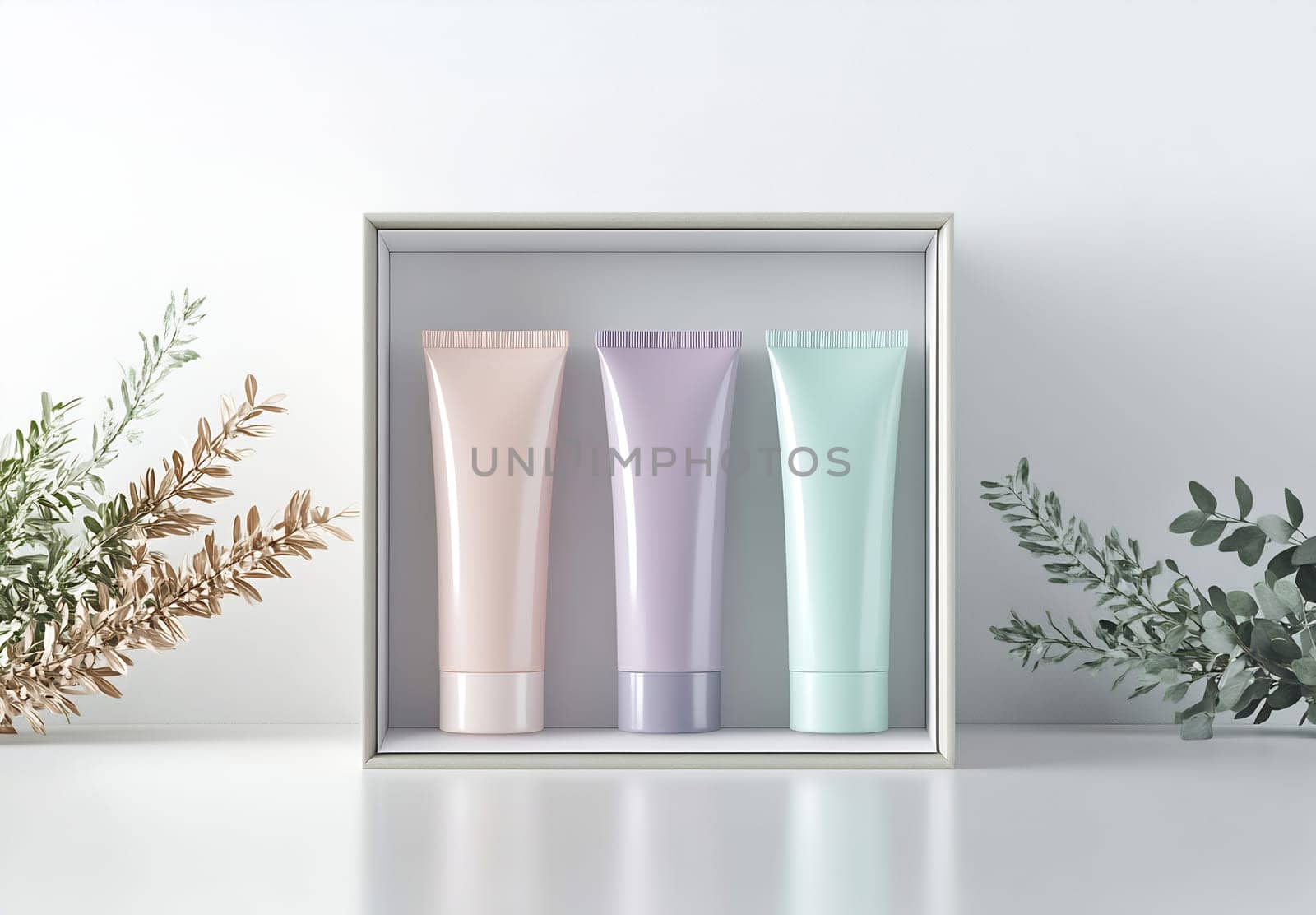Three pastel-colored cream tubes are neatly arranged in a stylish box, surrounded by soft greenery.