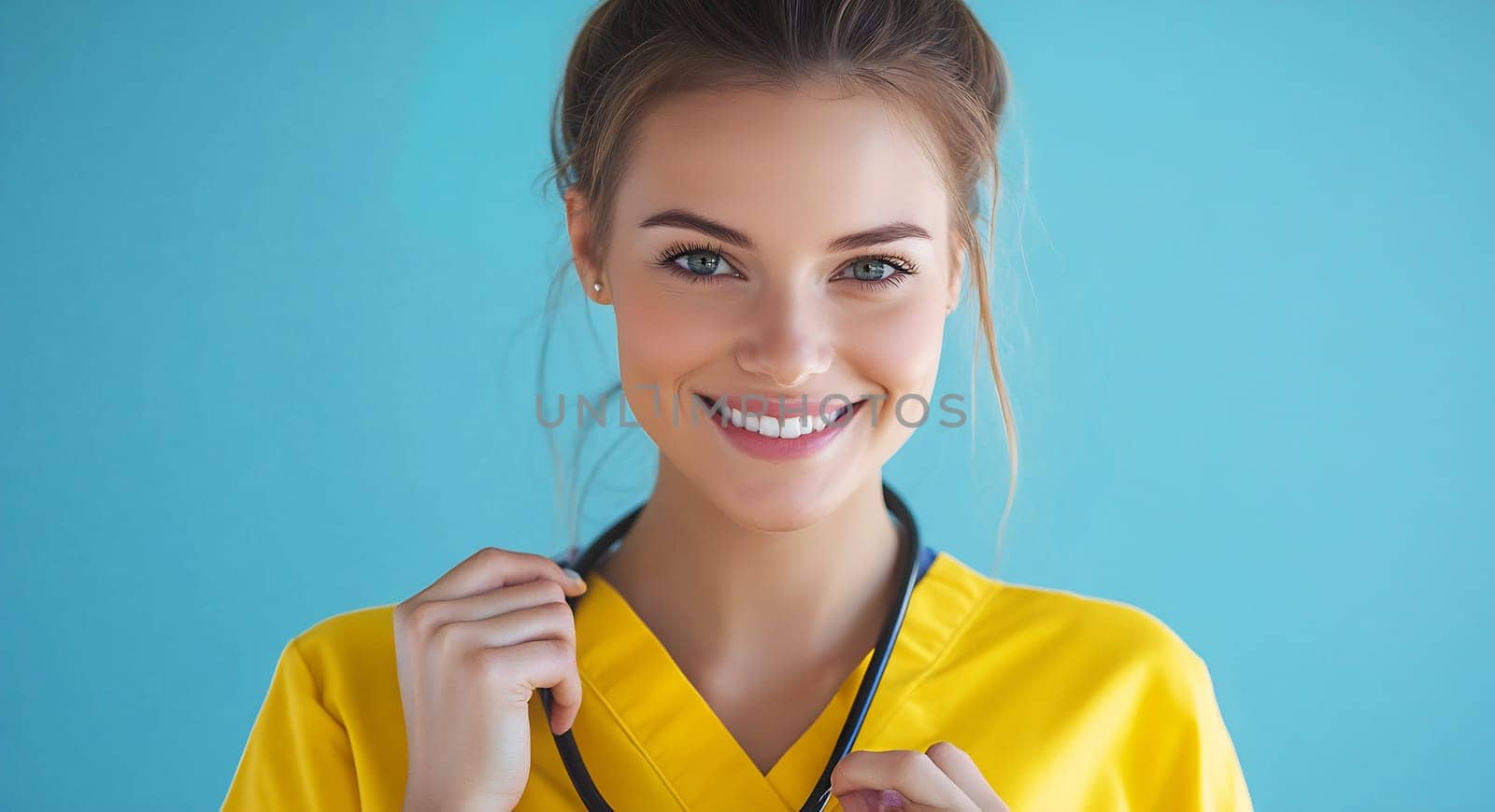 A cheerful young woman in yellow scrubs is smiling confidently while holding a stethoscope around her neck against a blue background.