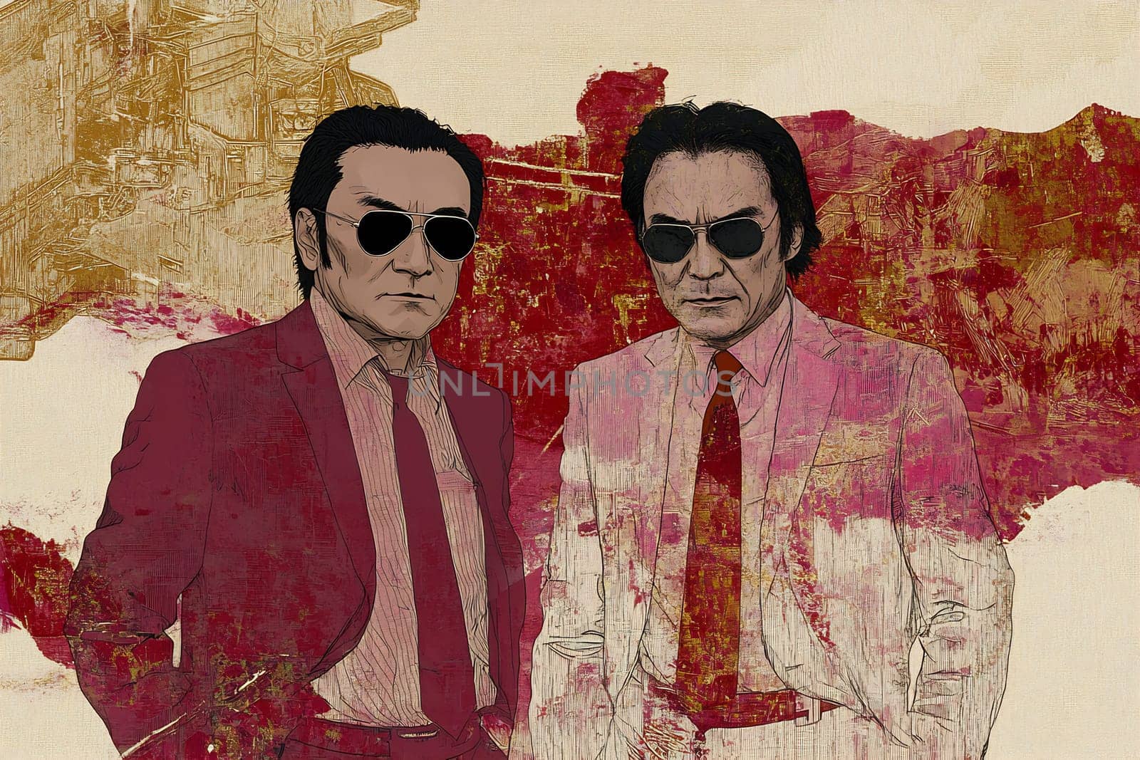 Two sharply dressed men in sunglasses stand confidently against an artistic background filled with bold colors and textures.